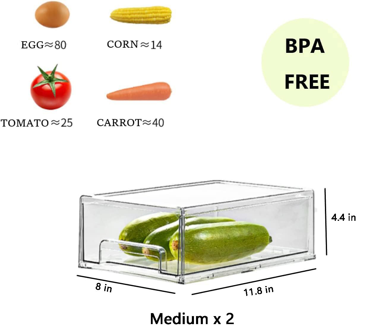 Stackable Clear Fridge Drawers - 2Pack Refrigerator Organizer Bins for Kitchen & Pantry Storage