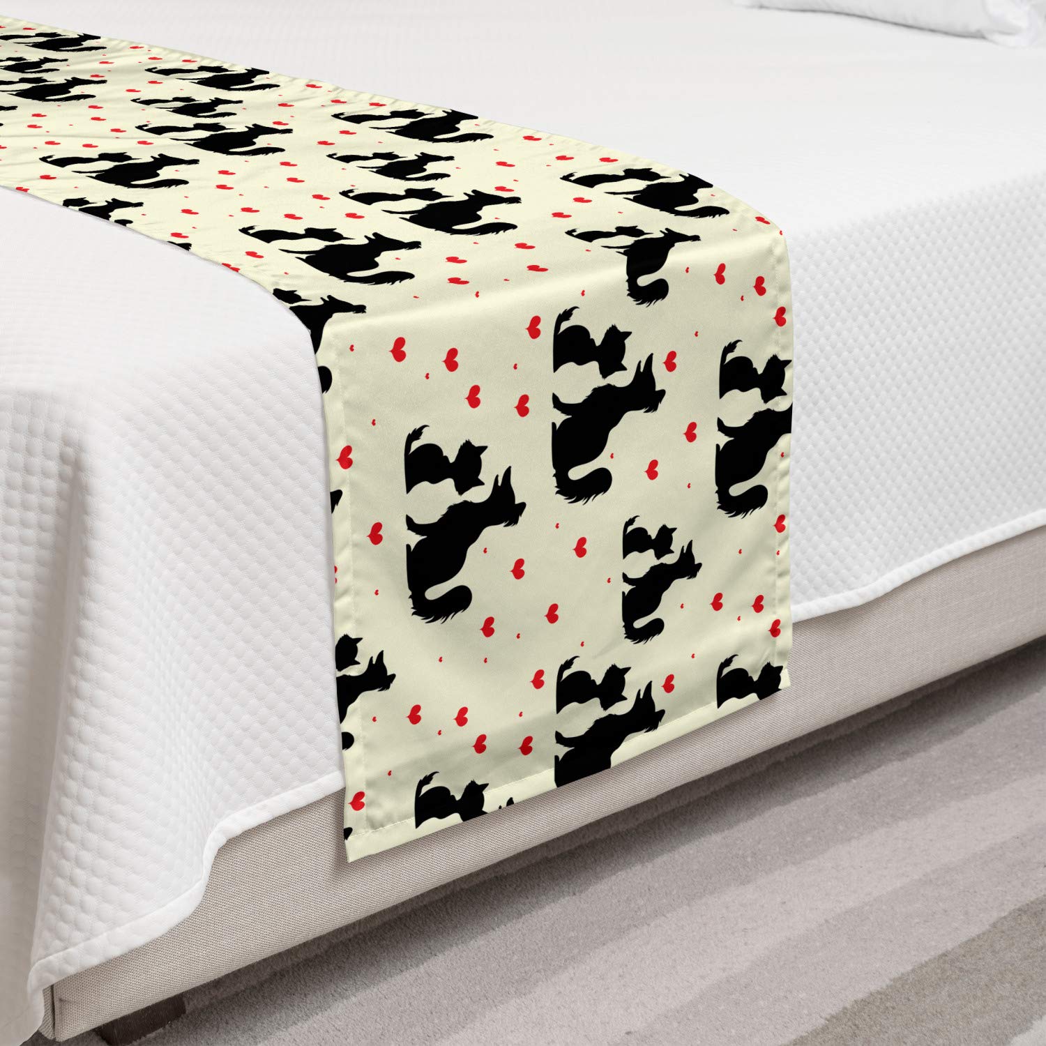 Ambesonne Red and Black Bed Runner with Dog and Cat Silhouettes - Pet Love Decorative Bed Scarf for Home, Hotel & Guestroom - Perfect for Animal Lovers' Bedroom Decor and Cozy Pet-Themed Spaces