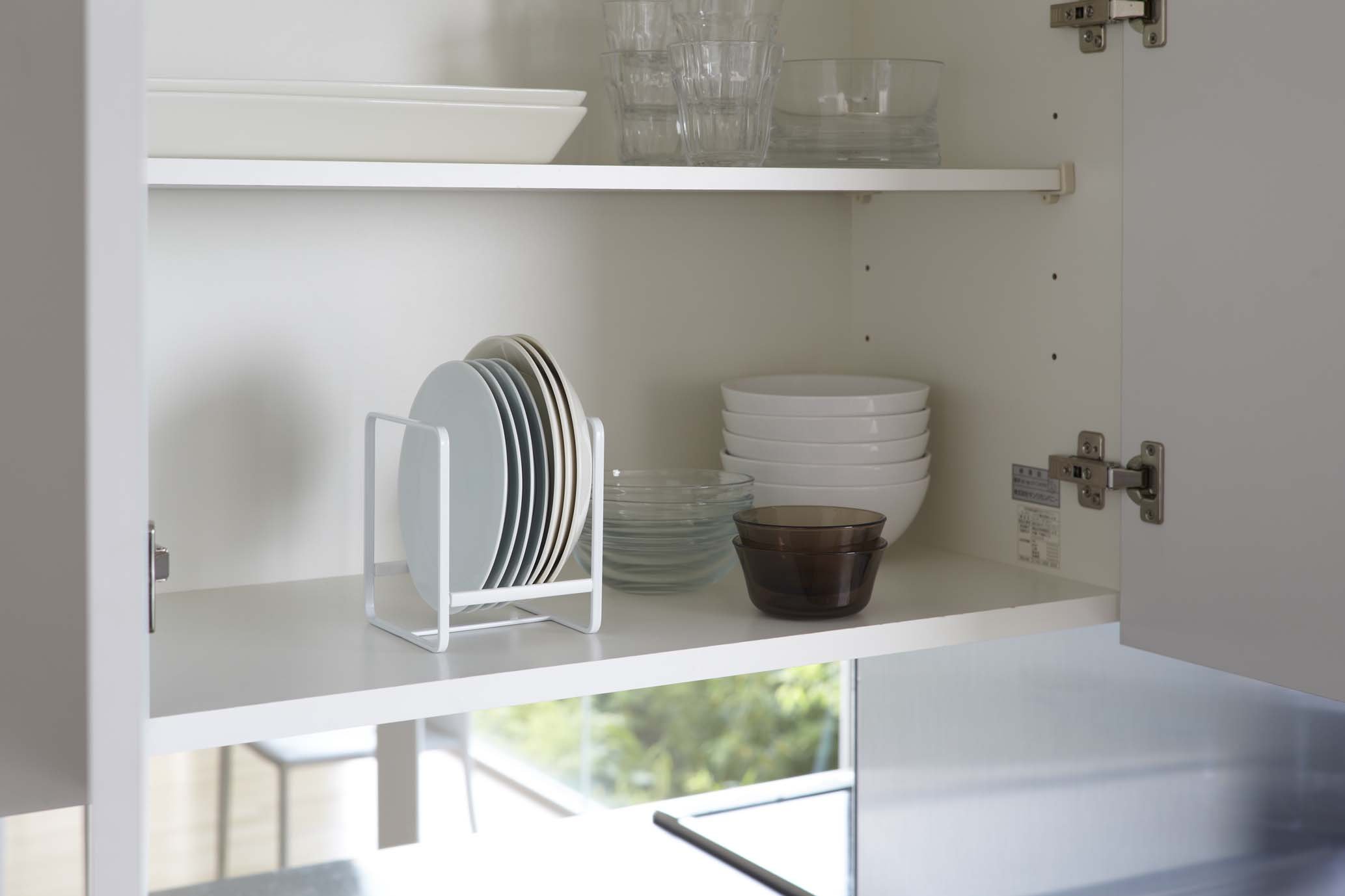 Yamazaki Home White Small Dish Organizer Storage Rack for Kitchen Cabinets - Perfect for Organizing Plates, Bowls & Cups in Pantry or Cabinet