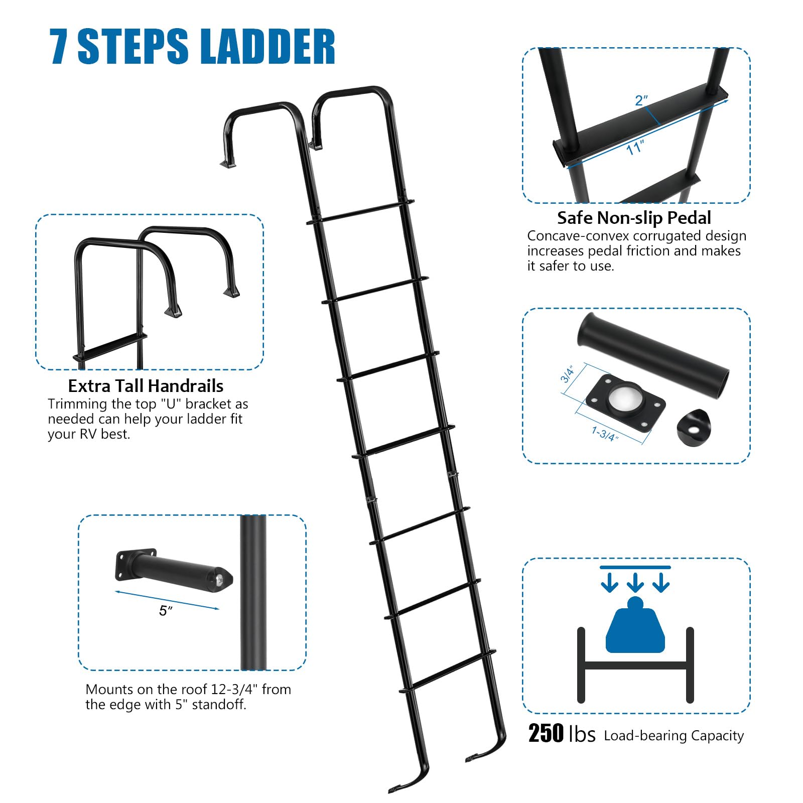 Universal Black Aluminum RV Ladder 7.6FT-8.4FT for Travel Trailers - 250lbs Weight Capacity - Durable Exterior Access Ladder for Camping & Outdoor Adventures