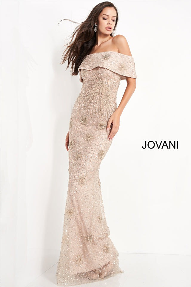 Jovani 03412 Off the Shoulder Beaded Evening Gown - Elegant Formal Dress for Prom, Wedding & Black Tie Events