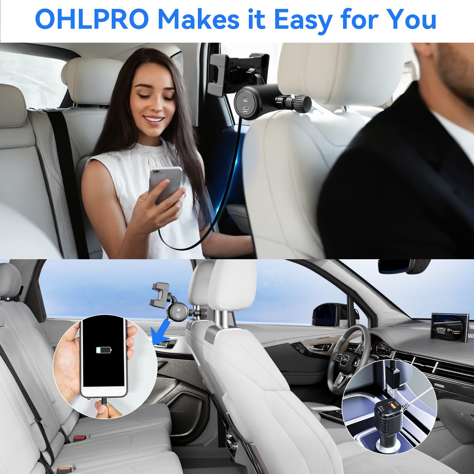 OHLPRO 6-in-1 Retractable Backseat Car Charger Station with Headrest Phone Mount - Dual USB-C PD/QC 40W Fast Charging for iPhone, Android - Perfect for Taxi, Uber, Rideshare & Family Road Trips