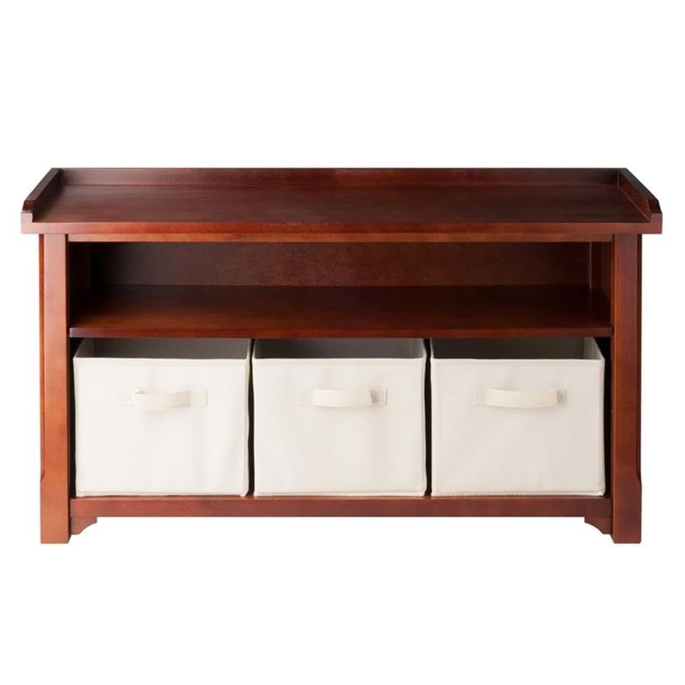 Pemberly Row Solid Wood Storage Bench with 3 Foldable Baskets - Walnut/Beige - Entryway, Living Room, Bedroom Organizer - Perfect for Shoes, Blankets & Home Decor Storage