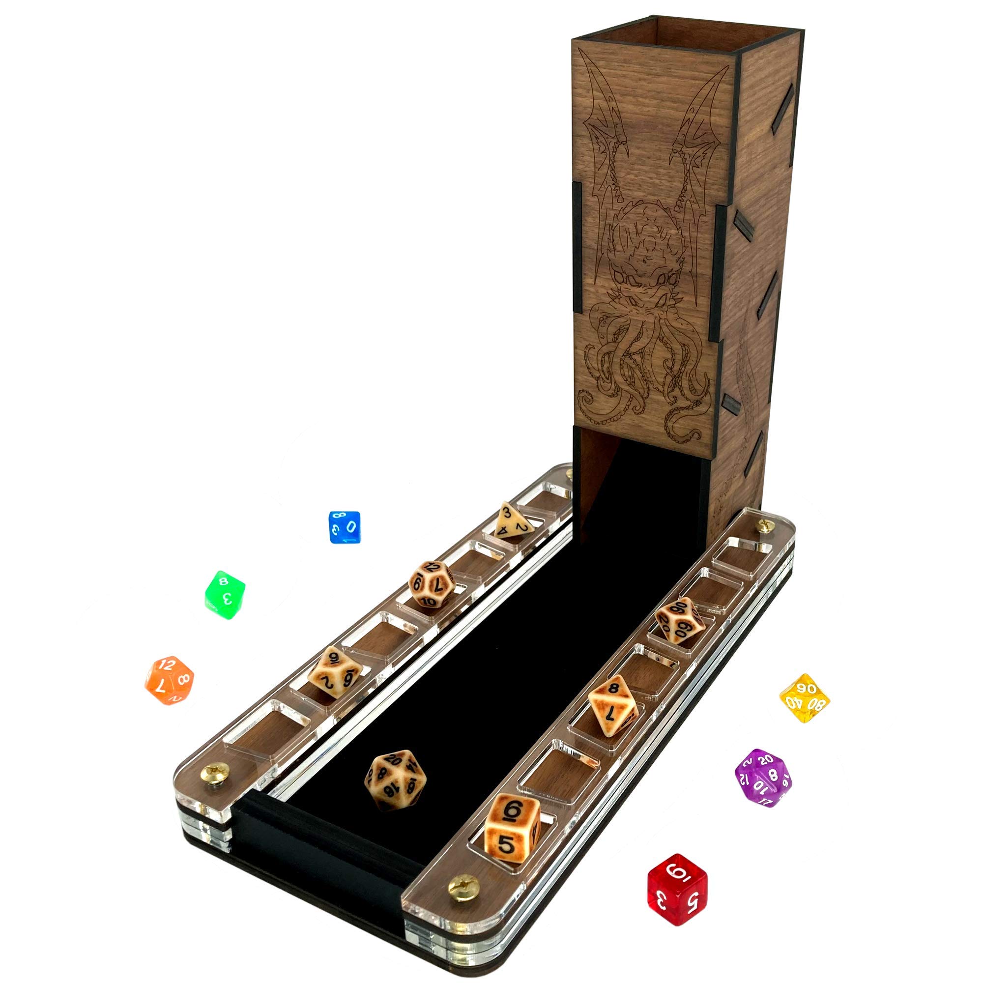 Premium Walnut & Clear Acrylic Dice Tray with Cthulhu-Themed Dice Tower Set - Perfect for Dungeons & Dragons, RPG Games, and Tabletop Gaming Accessories
