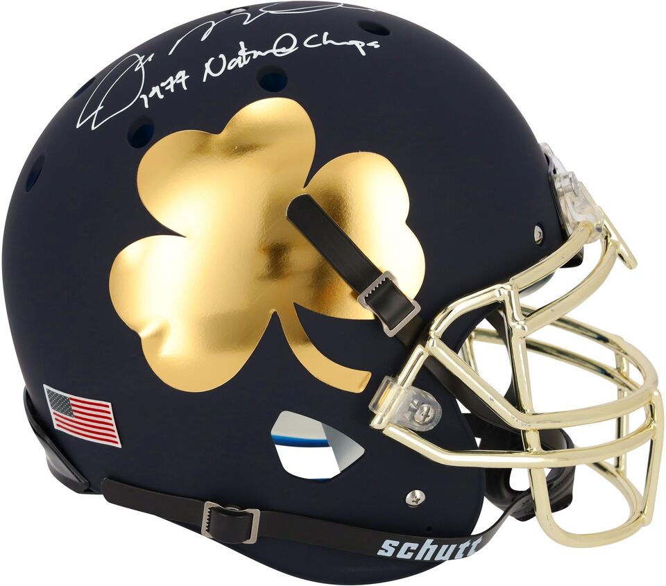 Joe Montana Autographed Notre Dame Fighting Irish Schutt Shamrock Tradition Authentic Helmet with 1977 National Champions Inscription - Perfect for Sports Memorabilia Collectors, Football Fans, and Home Decor