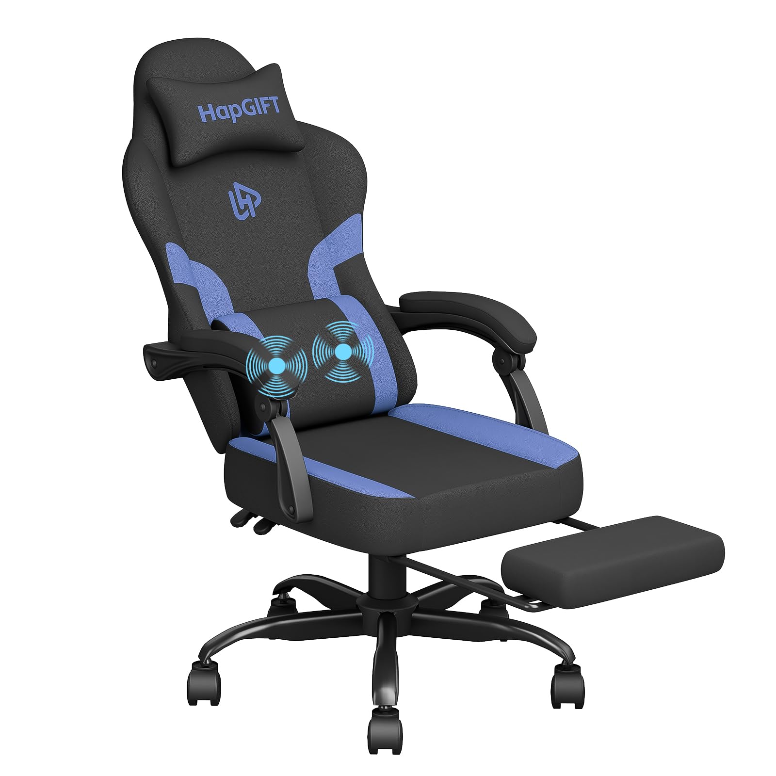 HapGIFT Ergonomic Gaming Chair for Adults - High Back Computer Chair with Massage Lumbar Support & Headrest - Breathable Technical Fabric Office Chair with Wide Seat Cushion & Footrest - Supports 300LBS (Black-Blue) - Perfect for PC Gaming, Home Office & Esports Tournaments