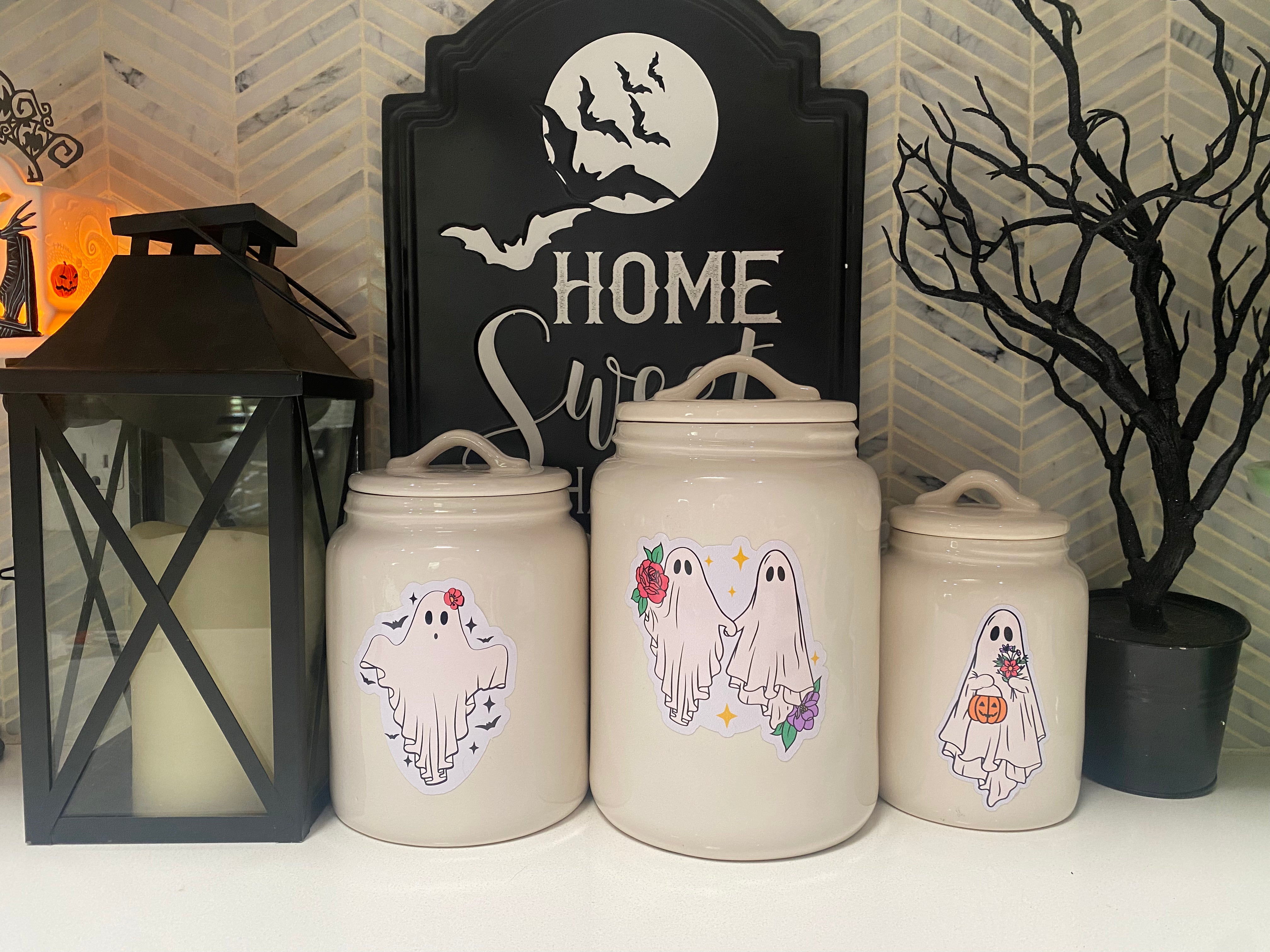 Floral Ghost Sticker Set - Waterproof Vinyl Decals for Laptops, Phones, Scrapbooking & DIY Crafts - Cute Halloween & Gothic Aesthetic Decorations