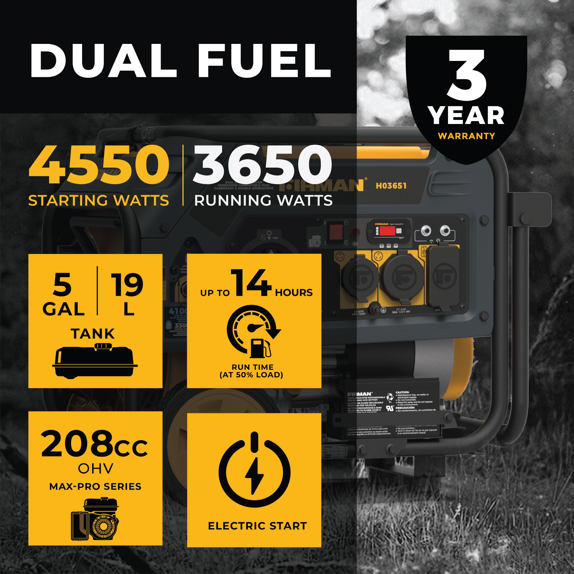 4550W Dual Fuel Portable Generator with Electric Start - 120V for Camping, RV, Home Backup & Outdoor Power Needs