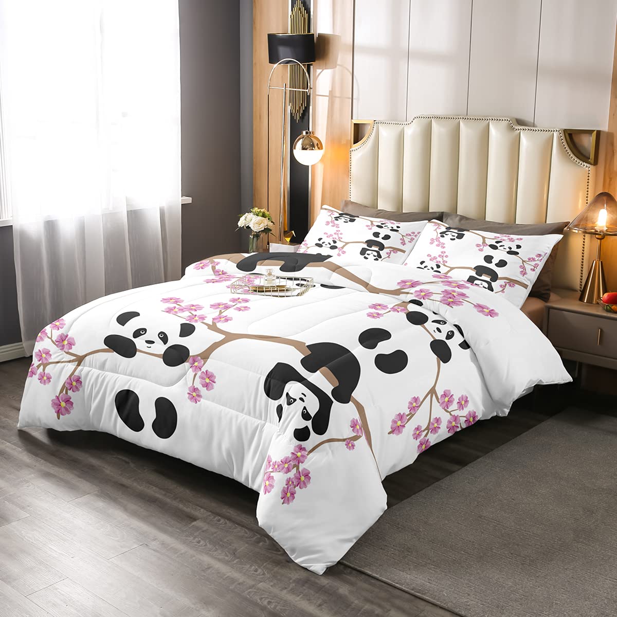 Erosebridal 7-Piece Panda Comforter Set with Fitted Sheet - Cherry Blossom Print Bedding Collection for Kids & Teens - Cozy Bedroom Decor for Nursery, Dorm Room or Gift