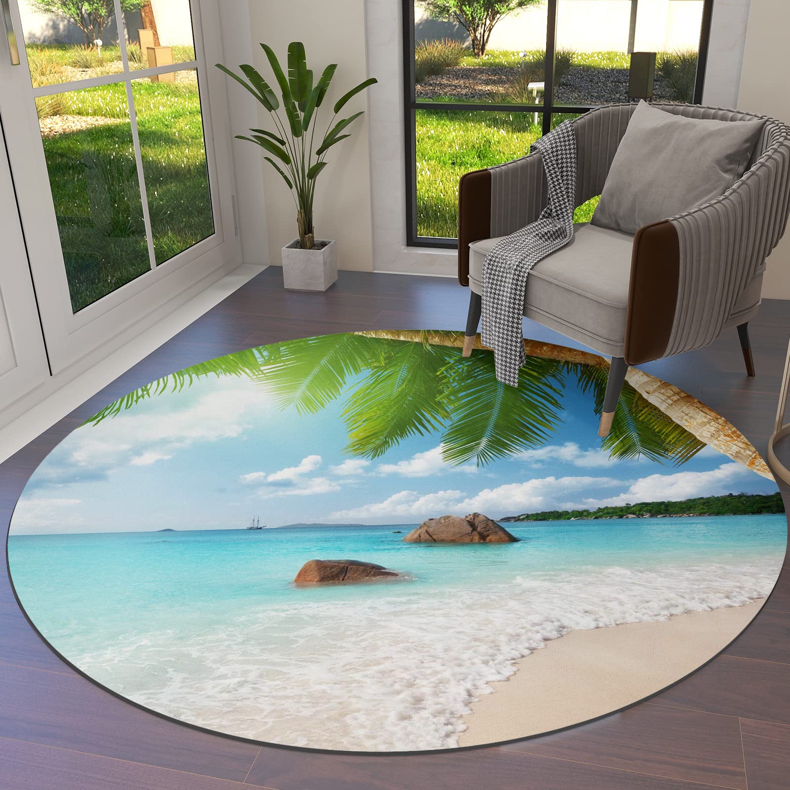 3FT Fluffy Round Area Rug - Soft Plush Non-Slip Circle Carpet for Living Room, Bedroom & Entryway | Tropical Beach Palm Tree Design | Washable Floor Mat for Home Decor, Coastal Theme Spaces