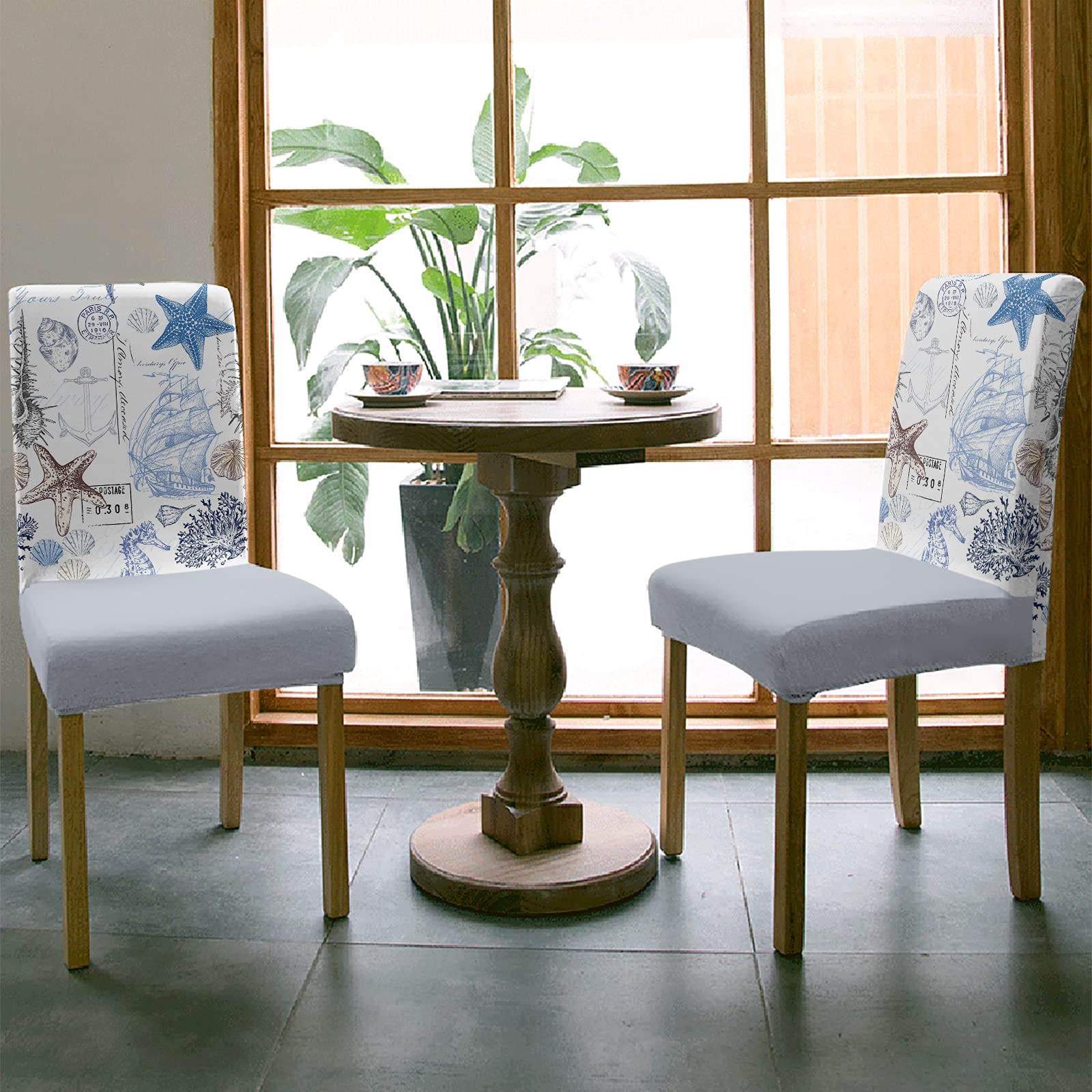 Stretch Dining Room Chair Covers Set of 6 - Nautical Sailboat Beach Theme with Starfish & Seashell Design, Elastic Bottom Seat Protectors for Kitchen, Office & Home Decor | Perfect for Coastal-Themed Dining Rooms, Beach Houses & Restaurant Decor