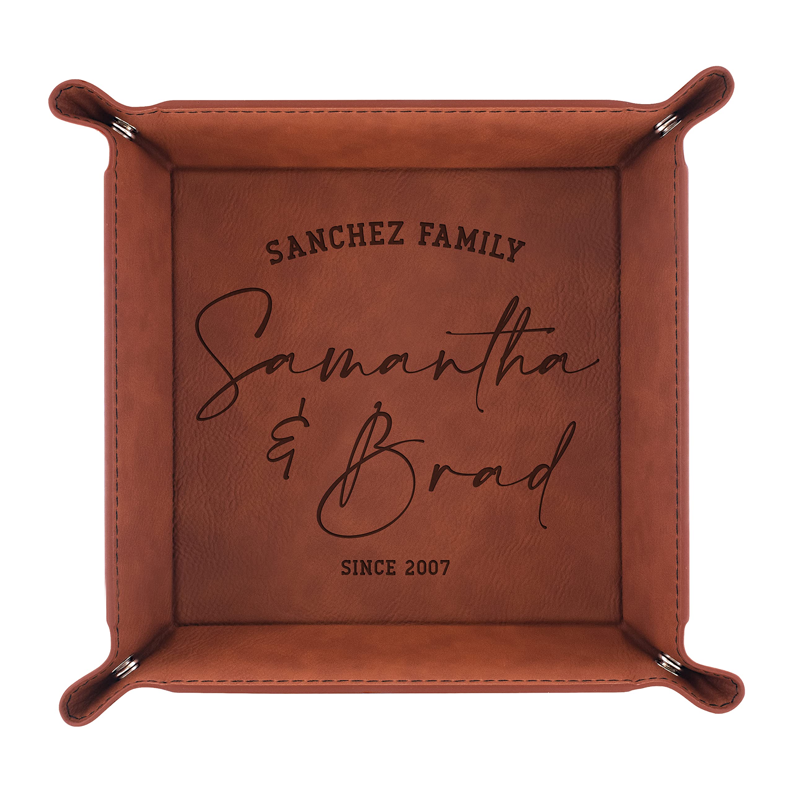 Personalized Engraved Leather Tray for Couples - Custom Name & Date - Anniversary Gift, Wedding Gift, Housewarming Gift - Brown Catchall Tray for Entryway, Bedroom, or Office - Perfect for Keys, Jewelry & Small Essentials (Design 1)