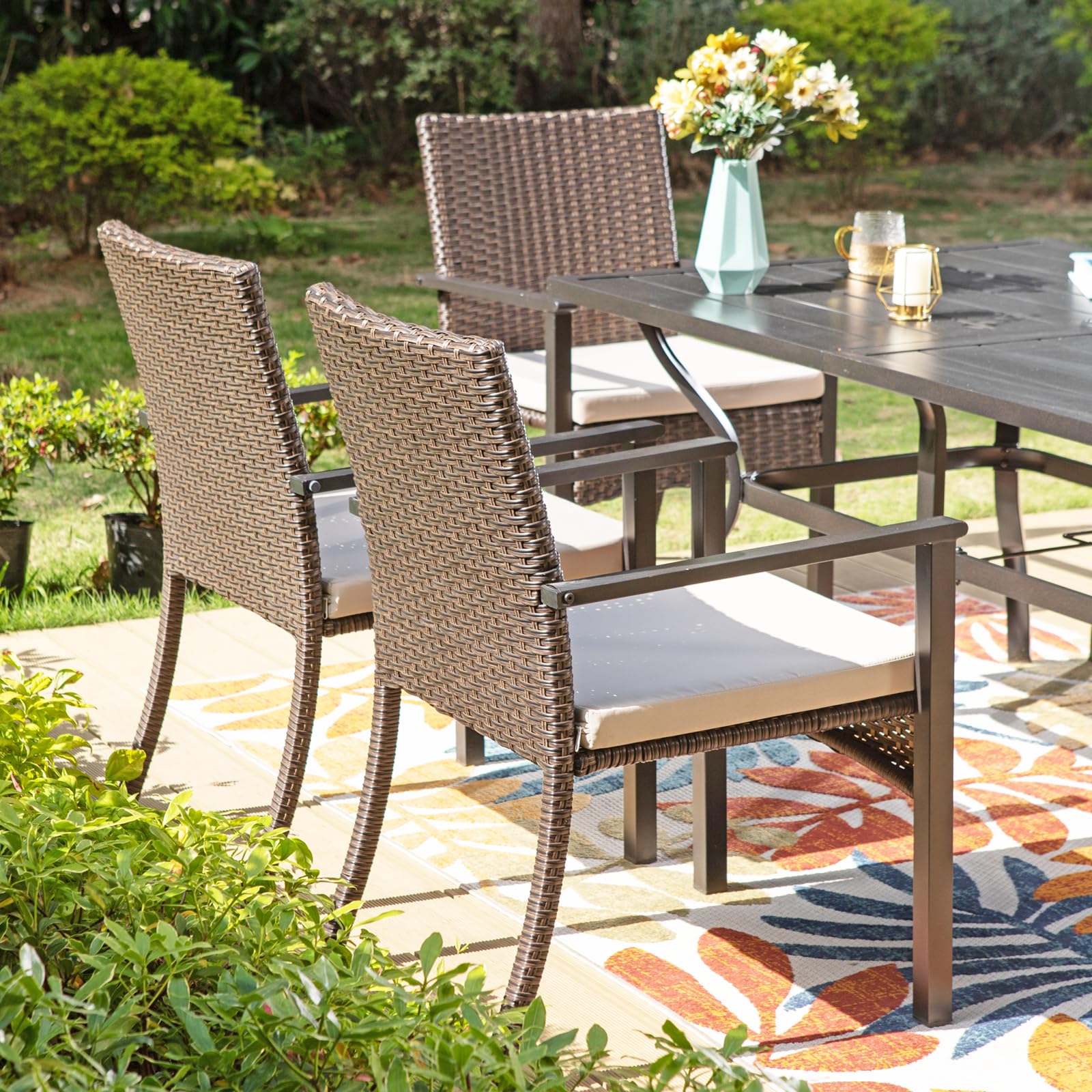 Sophia & William 7-Piece Outdoor Dining Set with 13ft Beige Patio Umbrella - Metal Table & Rattan Chairs for 6 People - Includes Cushions & 1.6