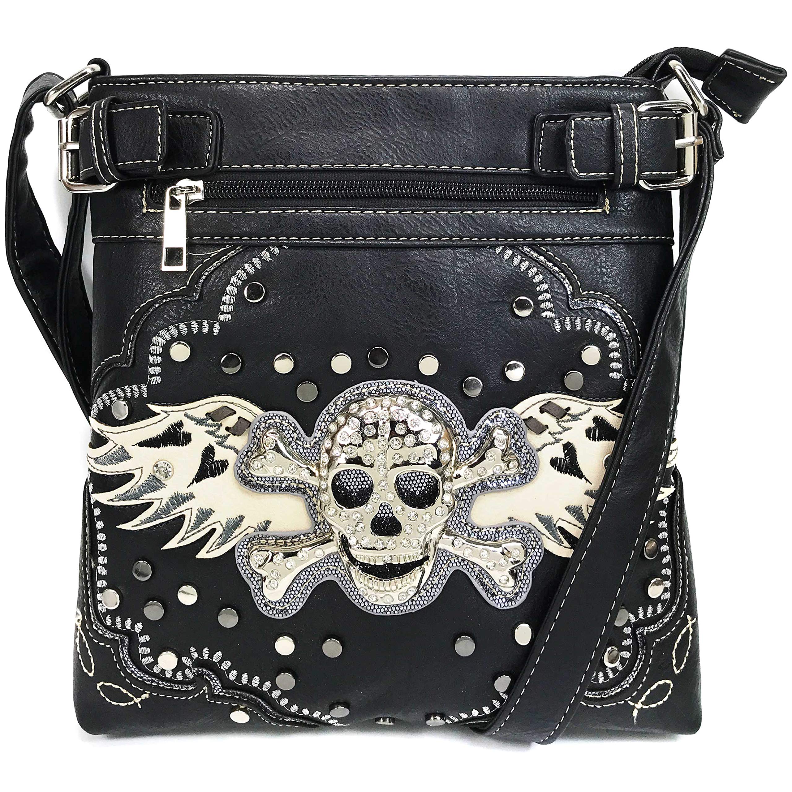Justin West Women's Rhinestone Skull & Crossbones with Angel Wings Shoulder Handbag Purse - Gothic Fashion Accessory for Parties, Halloween & Night Out