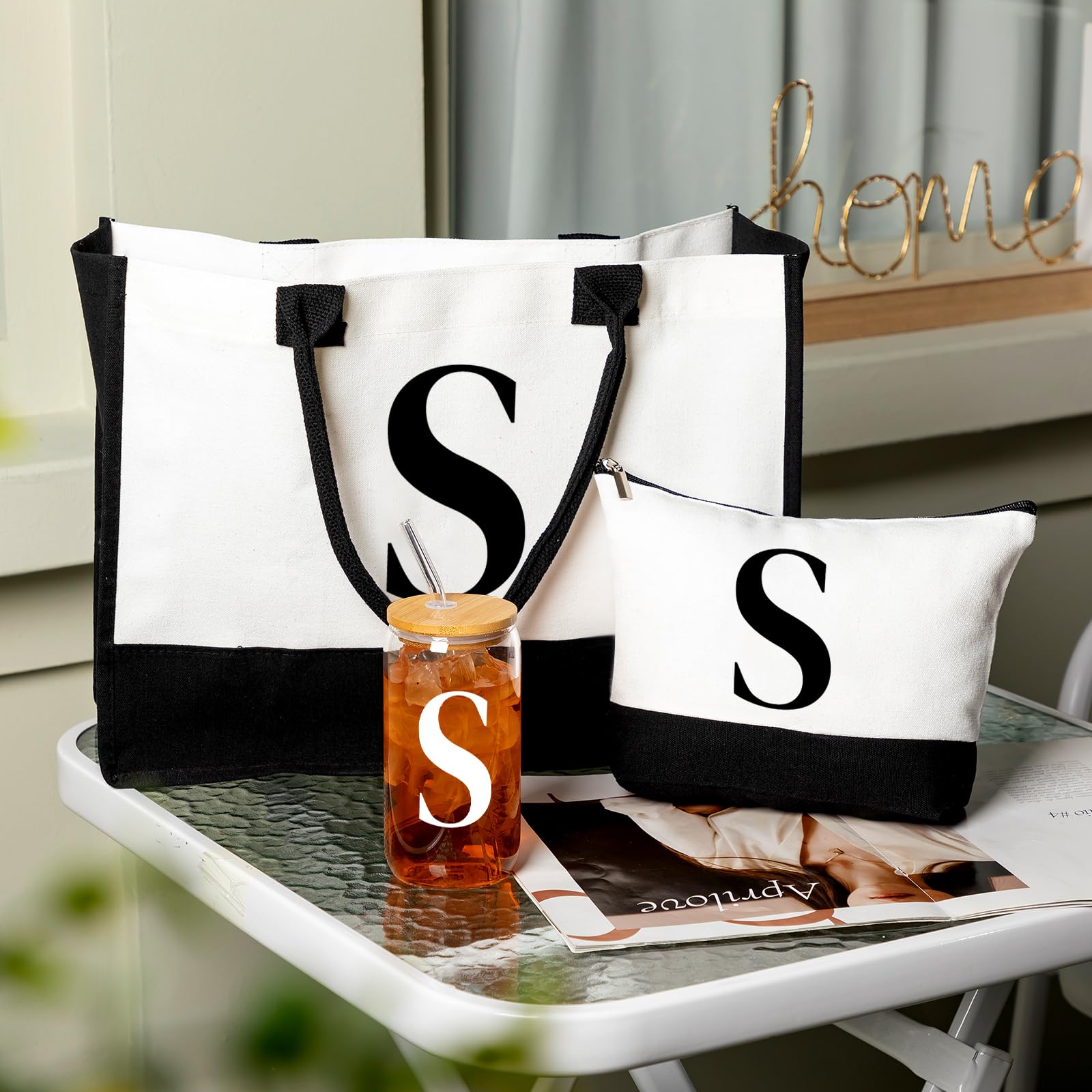 Personalized Monogram Canvas Tote Bag & Glass Coffee Cup Set - Custom Initial Gifts for Women with Zipper Makeup Pouch - Perfect for Work, Travel & Coffee Dates
