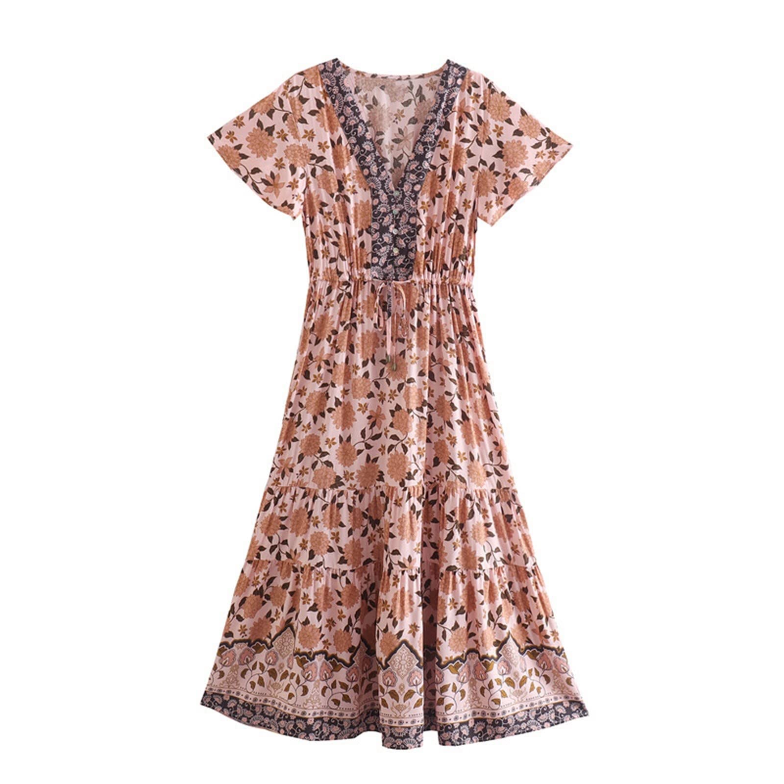 Elegant Floral Midi Dress for Women - V-Neck Waist Casual Dress for Daily Wear | Perfect for Office, Date Night & Summer Outings