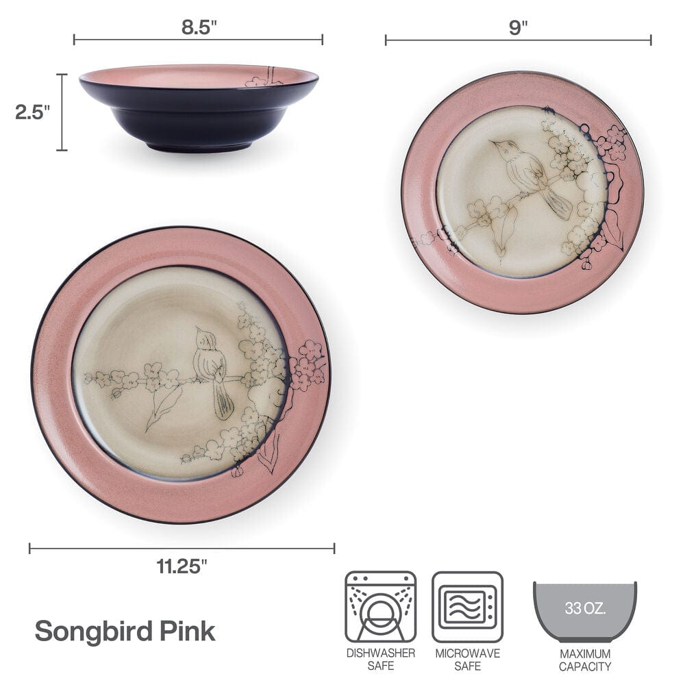 Song Bird Pink Dinnerware Set - 16-Piece Porcelain Tableware for 4, Floral Design, Microwave & Dishwasher Safe - Perfect for Family Dinners, Parties, and Special Occasions