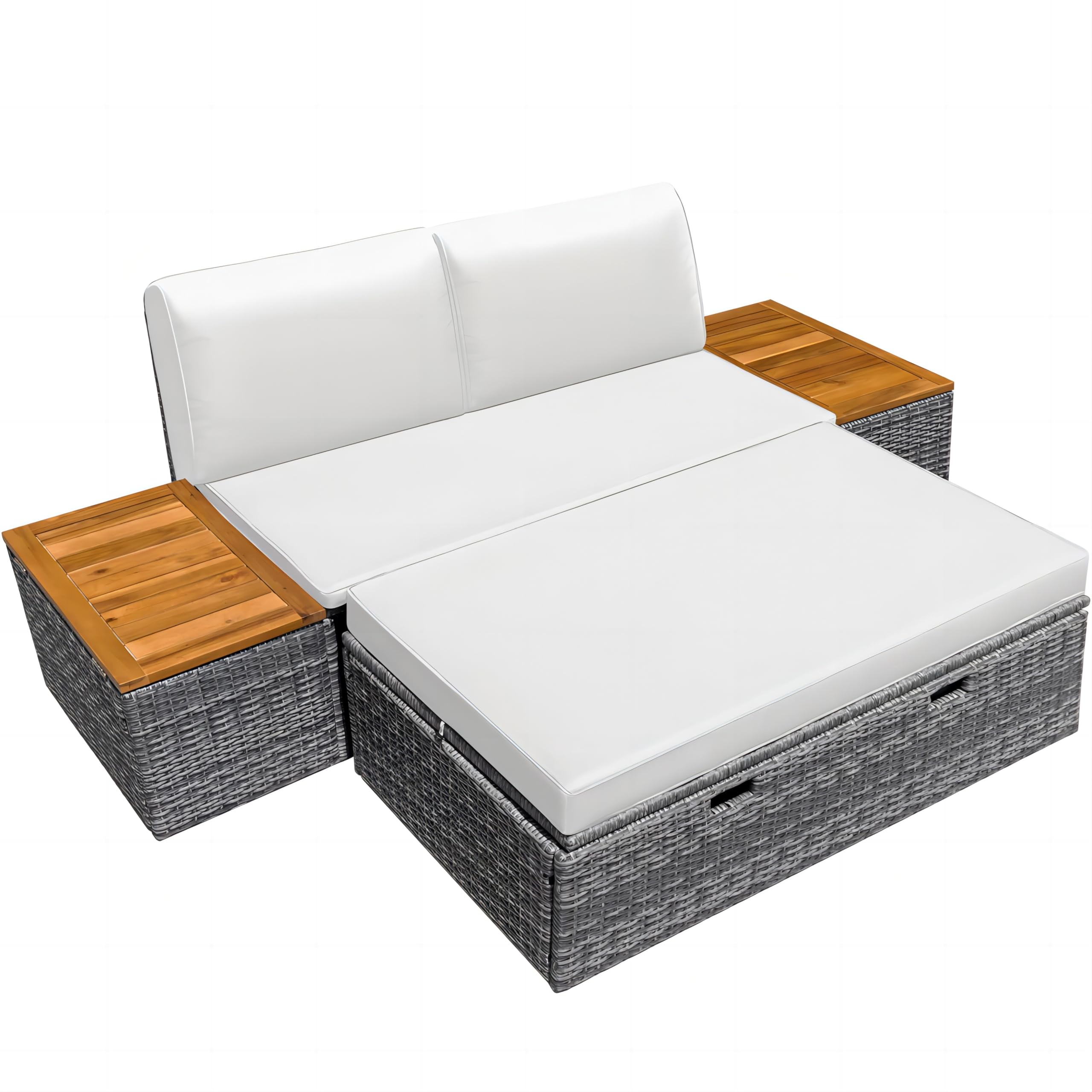 Greesum Outdoor Daybed Set - Multifunctional Wicker Lounge Bed with 2 Side Tables, Cushions & Storage Bench - White Patio Furniture for Porch, Lawn, Garden, Beach & Poolside Relaxation