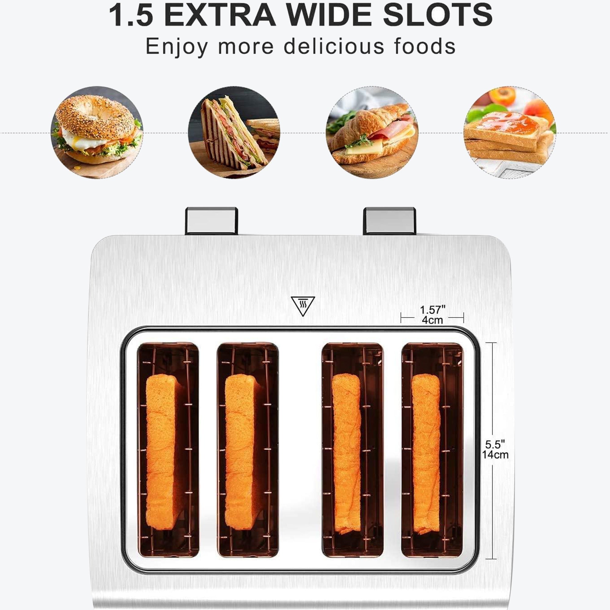4 Slice Wide Slot Toaster - Stainless Steel with Extra-Wide Bread Slots, Defrost & Reheat Functions | LauKingdom | Perfect for Bagels, Thick Slices & Family Breakfasts