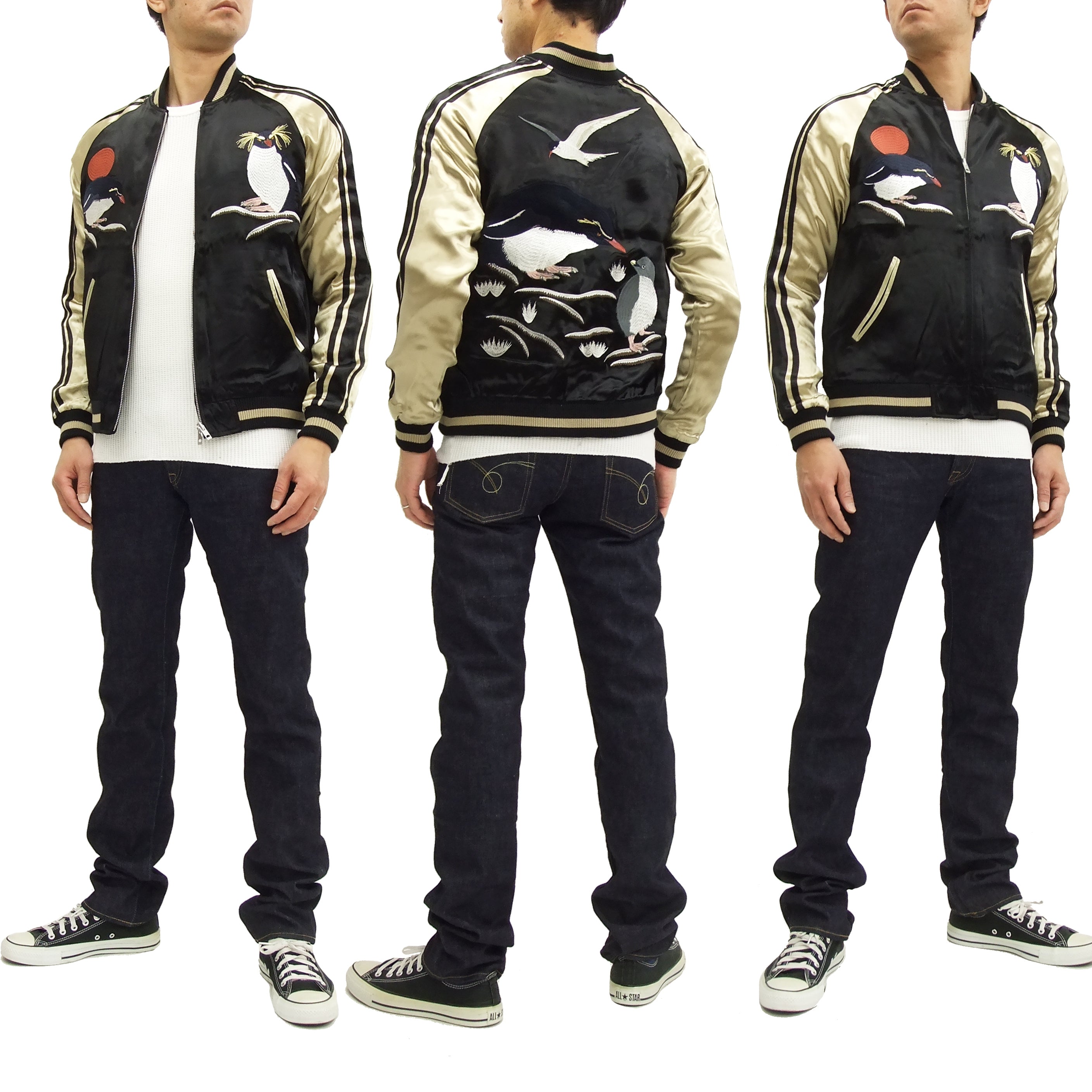 Japanese Souvenir Jacket for Men - Black & Gold Penguin Design Sukajan Bomber | Vintage-Inspired Asian Streetwear | Perfect for Casual Outfits, Cosplay & Urban Fashion