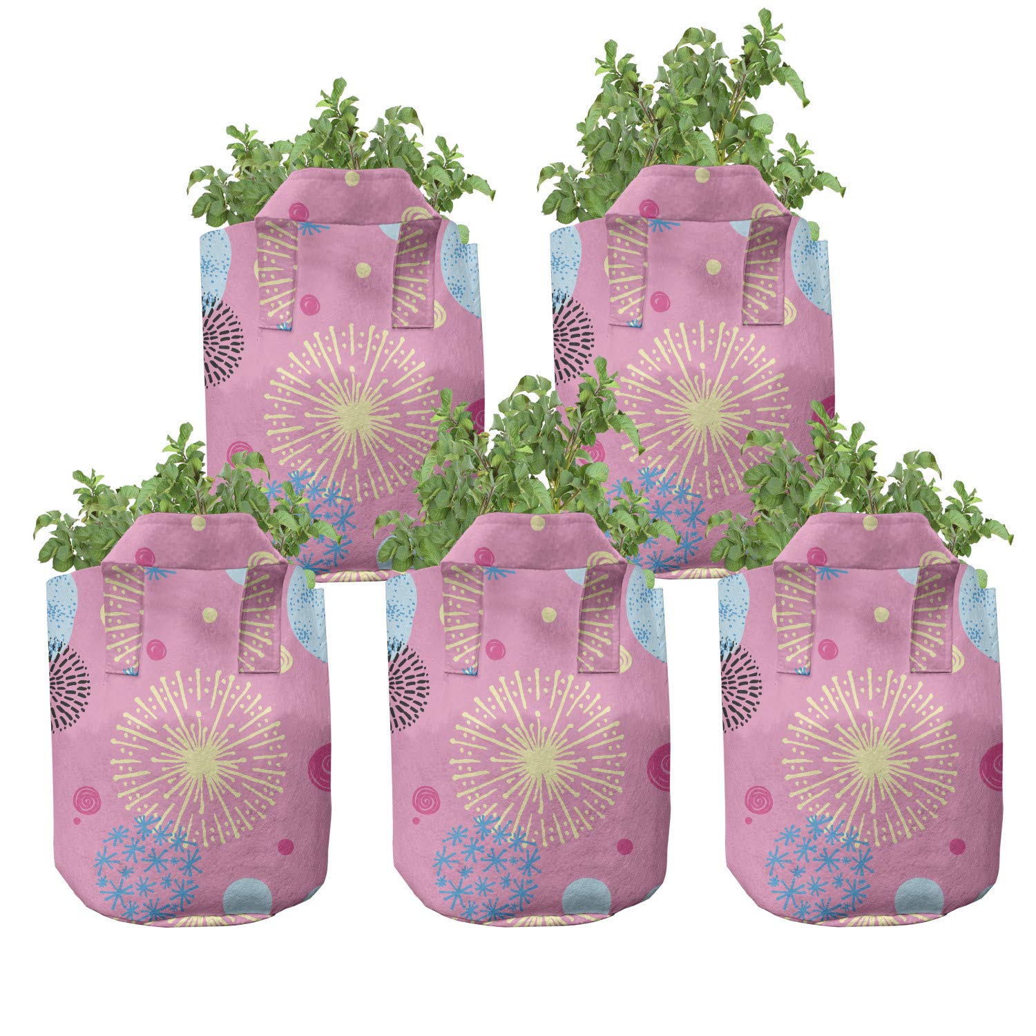 Lunarable Cartoon Grow Bags 5-Pack - Spirals Snowflakes & Dots Design Heavy Duty Fabric Plant Pots with Handles for Indoor/Outdoor Gardening - Perfect for Flowers, Vegetables & Herbs