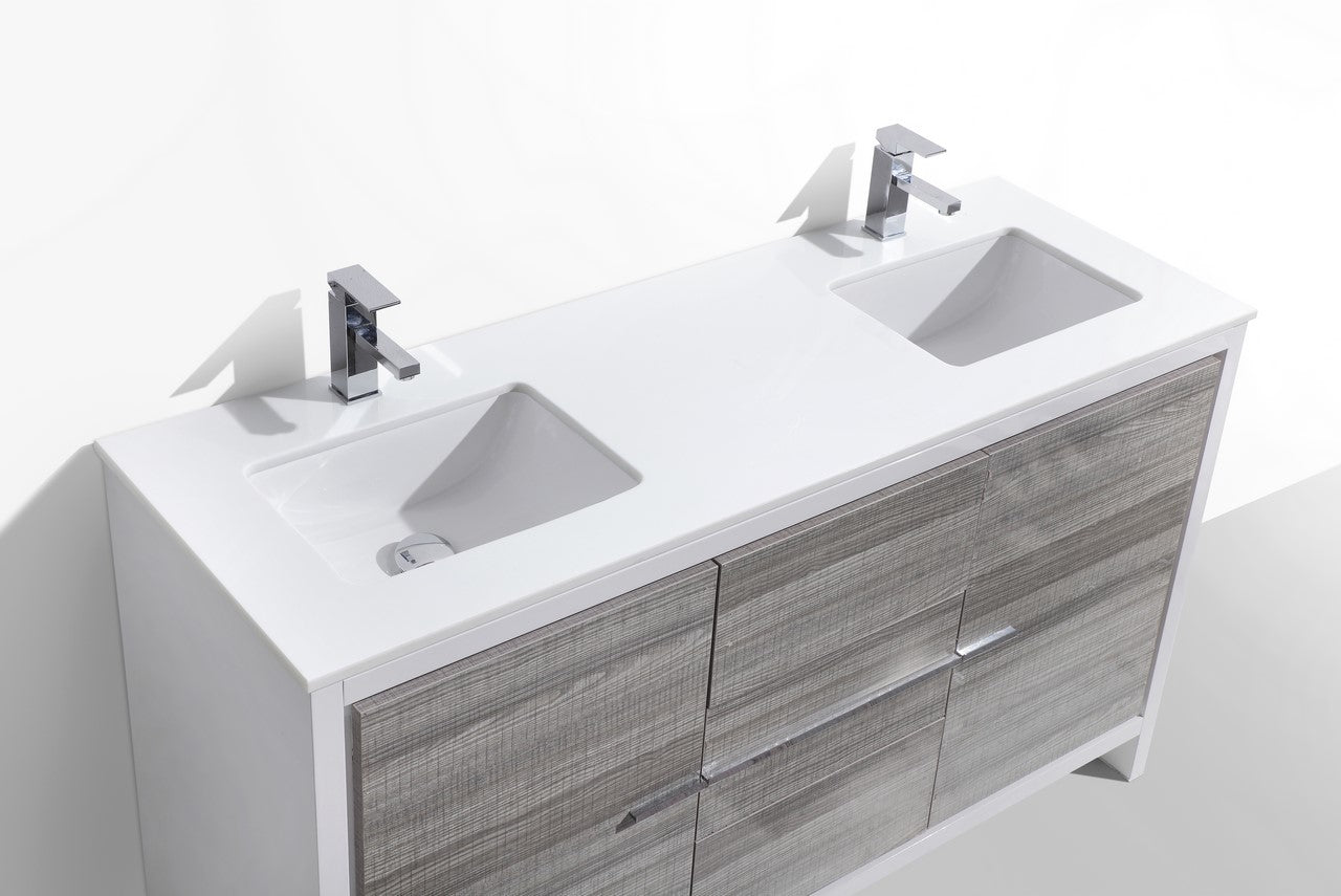 AD60 Double Sink Bathroom Vanity with High Gloss Ash Grey Finish & Quartz Countertop - Floor Standing Modern Vanity for Master Bathroom or Guest Bath Remodel