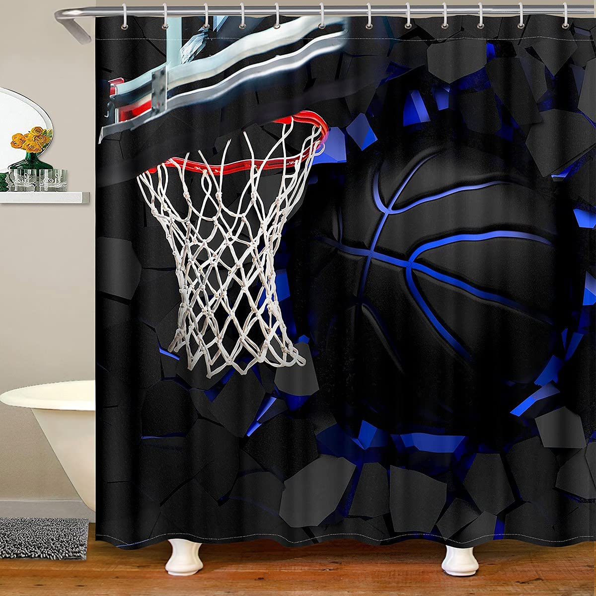 3D Basketball Hoop Shower Curtain - Waterproof Sports Theme Bath Curtain with 12 Hooks, 72x72 Inches for Bathroom & Bathtub - Perfect for Basketball Fans' Game Room Decor and Sports-Themed Bathrooms