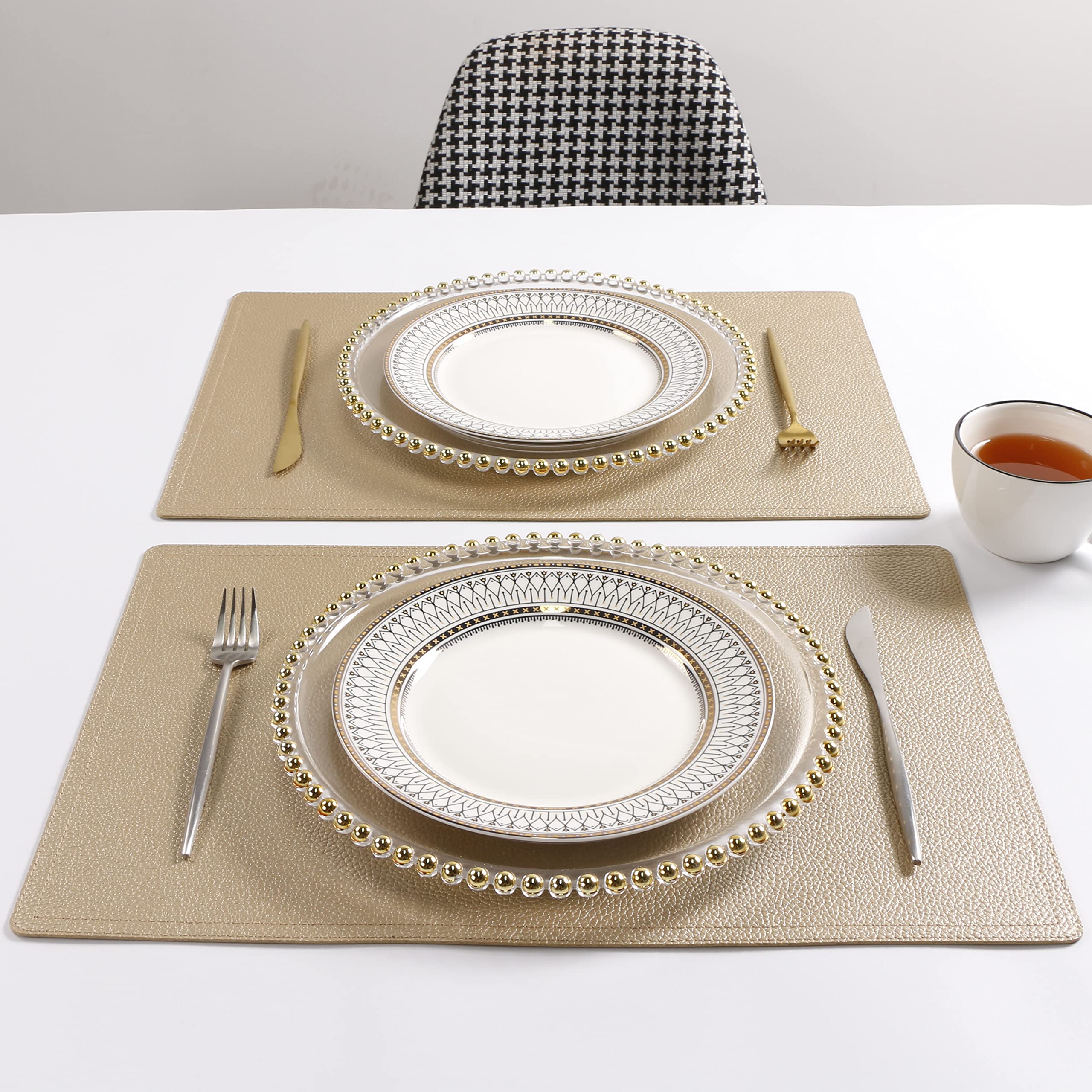 Premium Set of 6 PU Faux Leather Placemats - Waterproof, Stain & Heat Resistant Table Mats for Kitchen, Dining & Conference Tables - Easy Clean Gold Rectangle Place Settings for Elegant Dinner Parties & Professional Meetings