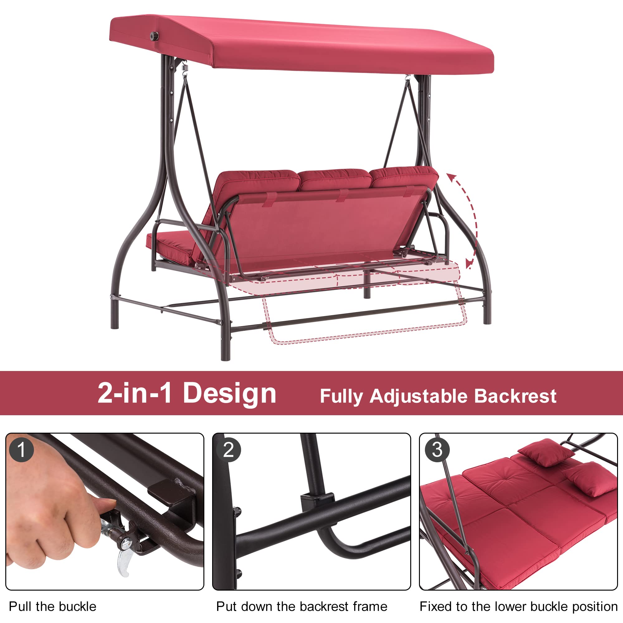 MCombo 3-Seat Outdoor Patio Swing Chair with Adjustable Backrest & Canopy - Porch Swing Glider with Cushions & Pillows - 4068 (Burgundy) - Perfect for Garden, Backyard, Deck or Balcony Relaxation