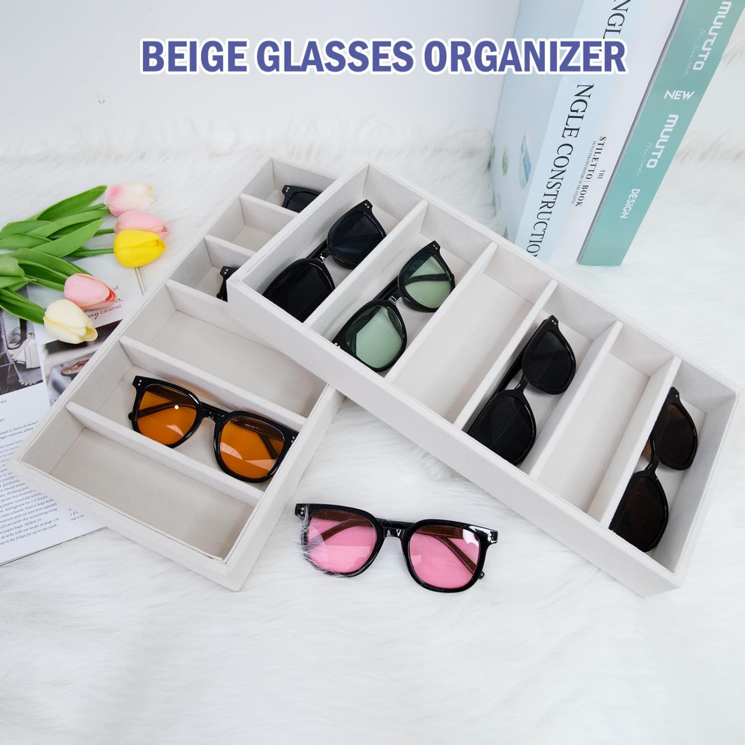 2 Pack Velvet Sunglasses Organizer & Jewelry Tray - Premium Eyeglasses Holder with Soft Velvet Lining for Sunglasses Display, Watch Storage, and Jewelry Organization - Perfect for Dresser Top, Vanity, or Retail Store Display