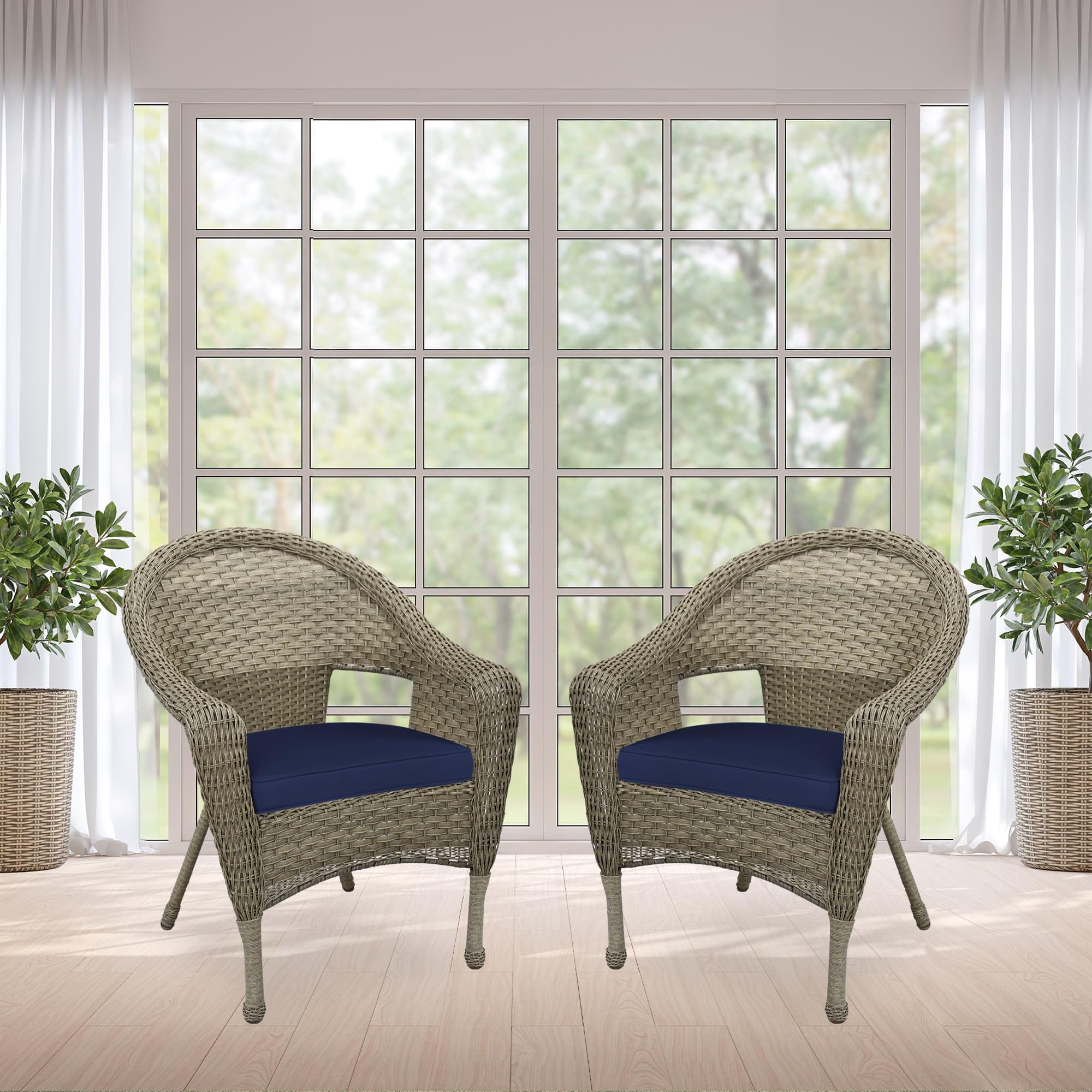 Jeco W00402G_2-FS011 Set of 2 Outdoor Resin Wicker Patio Chairs with Grey Frame & Midnight Blue Cushions - Perfect for Poolside, Garden, or Balcony Relaxation