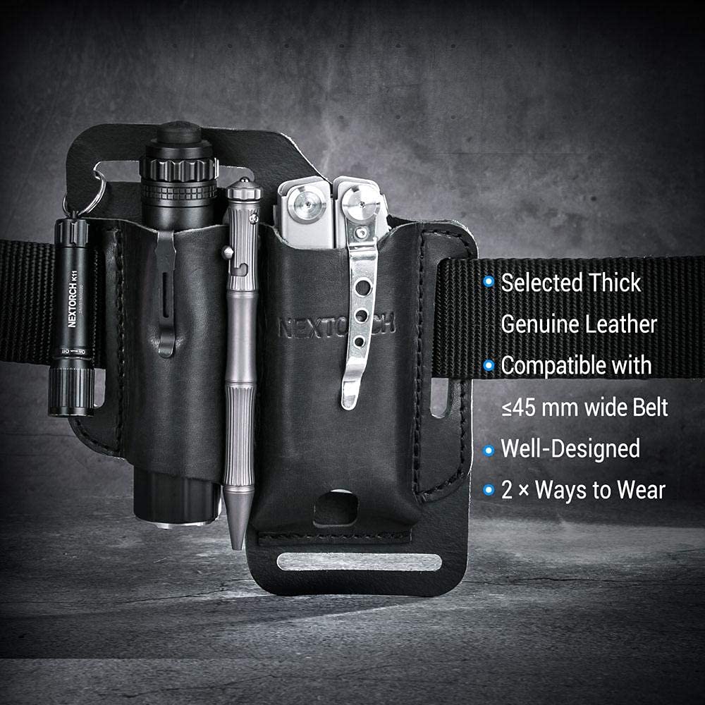 NEXTORCH EDC Leather Sheath - Premium Multitool & Knife Belt Holster, Flashlight Pouch, Tactical Pen Holder - Durable EDC Pocket Organizer for Men (Perfect for Camping, Hiking, Outdoor Adventures & Everyday Carry)