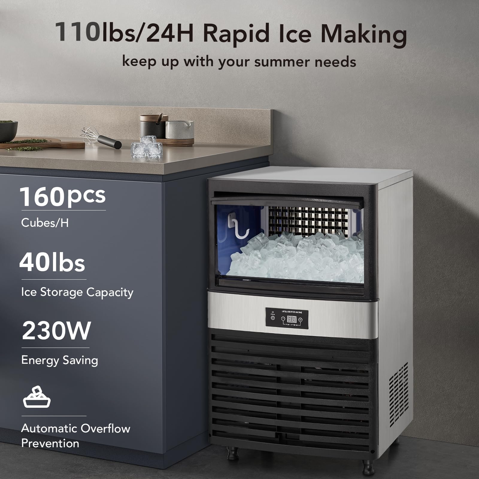 Commercial Ice Maker 110LBS/24H, Under Counter Ice Machine with 30LBS Storage Bin - 40 Cubes per Cycle, Self-Cleaning, Freestanding Ice Maker for Home, Bar, Coffee Shop, Restaurant & Office Use - Perfect for Cocktails, Beverages & Food Display