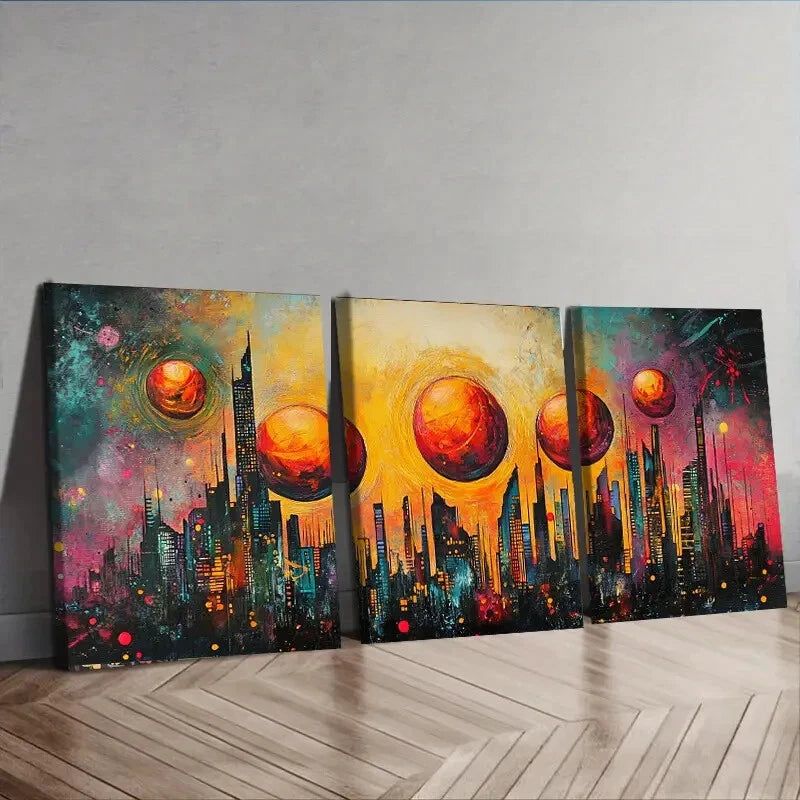 3-Piece Abstract Cityscape Skyline Beach Wall Art Set - Framed Canvas 40x60cm (16x24in) - High Quality Print - Ready to Hang - Modern Home & Office Decor - Perfect for Living Room, Bedroom or Beach House
