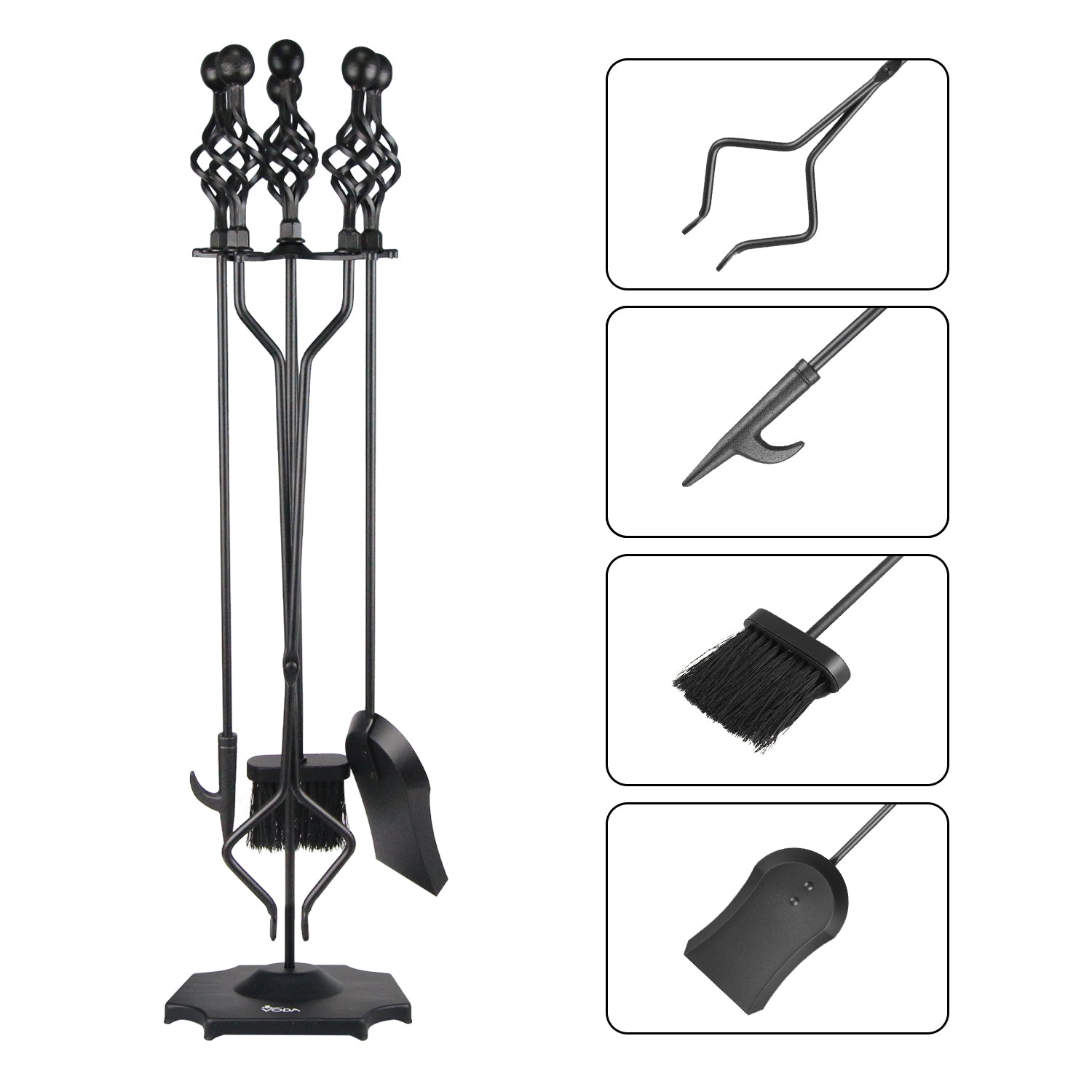 VODA 5-Piece Fireplace Tool Set - Heavy Duty Outdoor Fireplace Accessories with Large Fire Poker, Shovel, Brush & Stand - Perfect for Fire Pits, Campfires & Indoor Fireplaces
