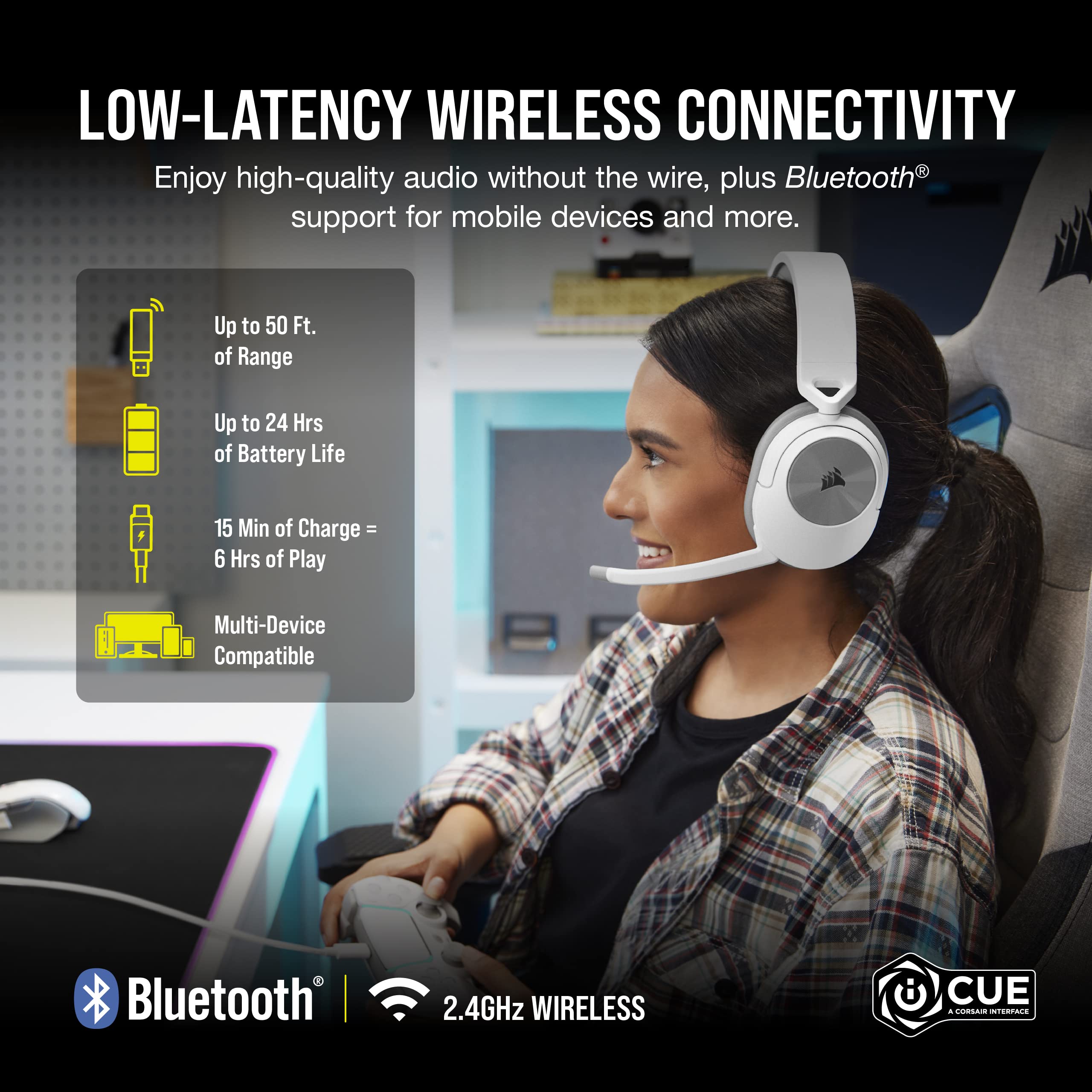 Corsair HS55 Wireless Gaming Headset - Bluetooth, Dolby 7.1 Surround Sound, Lightweight Design, iCUE Compatible - for PC, PS5, PS4, Nintendo Switch & Mobile (White) - Perfect for Competitive Gaming & Immersive Entertainment