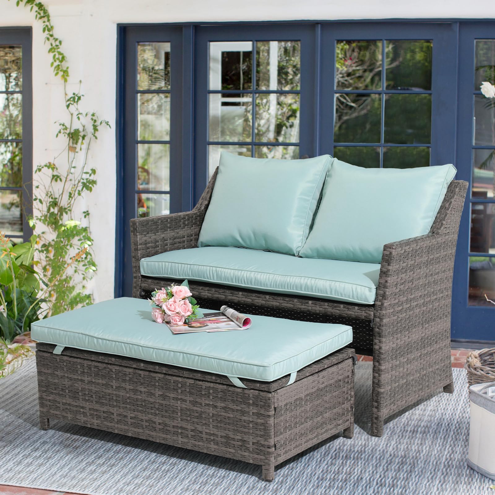 OC Orange-Casual 2-Piece Outdoor Patio Furniture Set - Wicker Loveseat & Coffee Table with Built-in Storage Bin, Grey Rattan & Green Cushions | Perfect for Garden, Backyard, Poolside & Balcony Relaxation