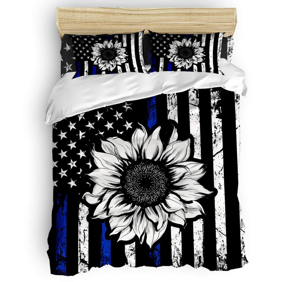 Premium Cotton Duvet Cover Set - Ultra Soft & Easy Care Twin/Queen/King Size 4-Piece Bedding with 2 Pillow Shams | Sunflower & American Flag Design (92x106 inches) for Cozy Bedroom Decor & Guest Room Essentials