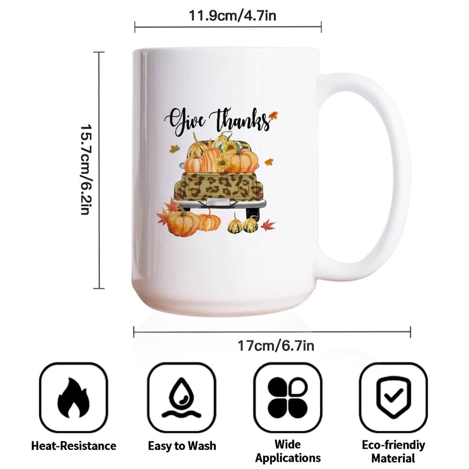 15oz White Ceramic Coffee Mug - Autumn Fall Truck with Pumpkins Design, Thanksgiving Themed Cup for Coffee, Tea, Milk & Juice - Funny Gift for Sister, Brother, Grandparents - Perfect for Holiday Gatherings, Office Use & Cozy Home Mornings