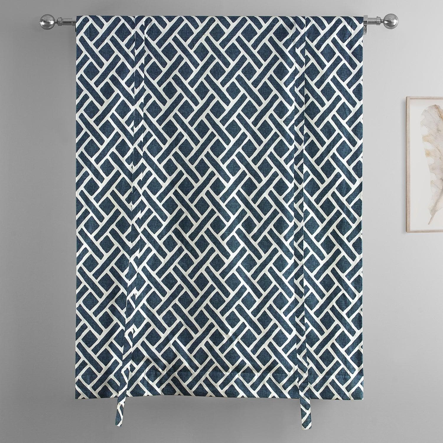 Martinique Blue Geometric Printed Cotton Blackout Window Shade - Stylish Room Darkening Tie-Up Curtain for Bedroom, Living Room & Nursery