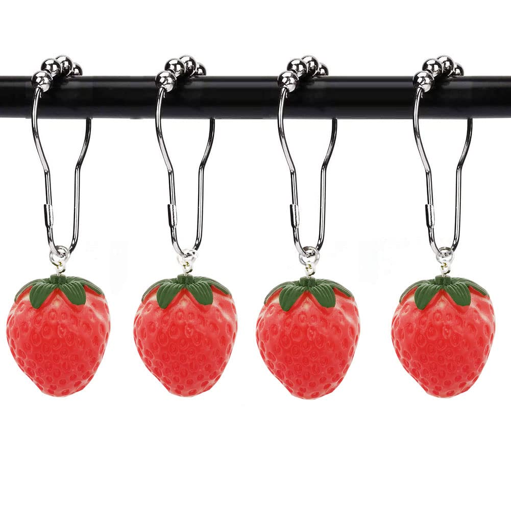 12 Pack Stainless Steel Strawberry Shower Curtain Hooks - Rustproof Bathroom Shower Rings with Cute Resin Fruit Pendants for Girls, Kids & Women (Fruit Series Design) - Perfect for Bathroom Decor, Baby Showers & Themed Bedrooms