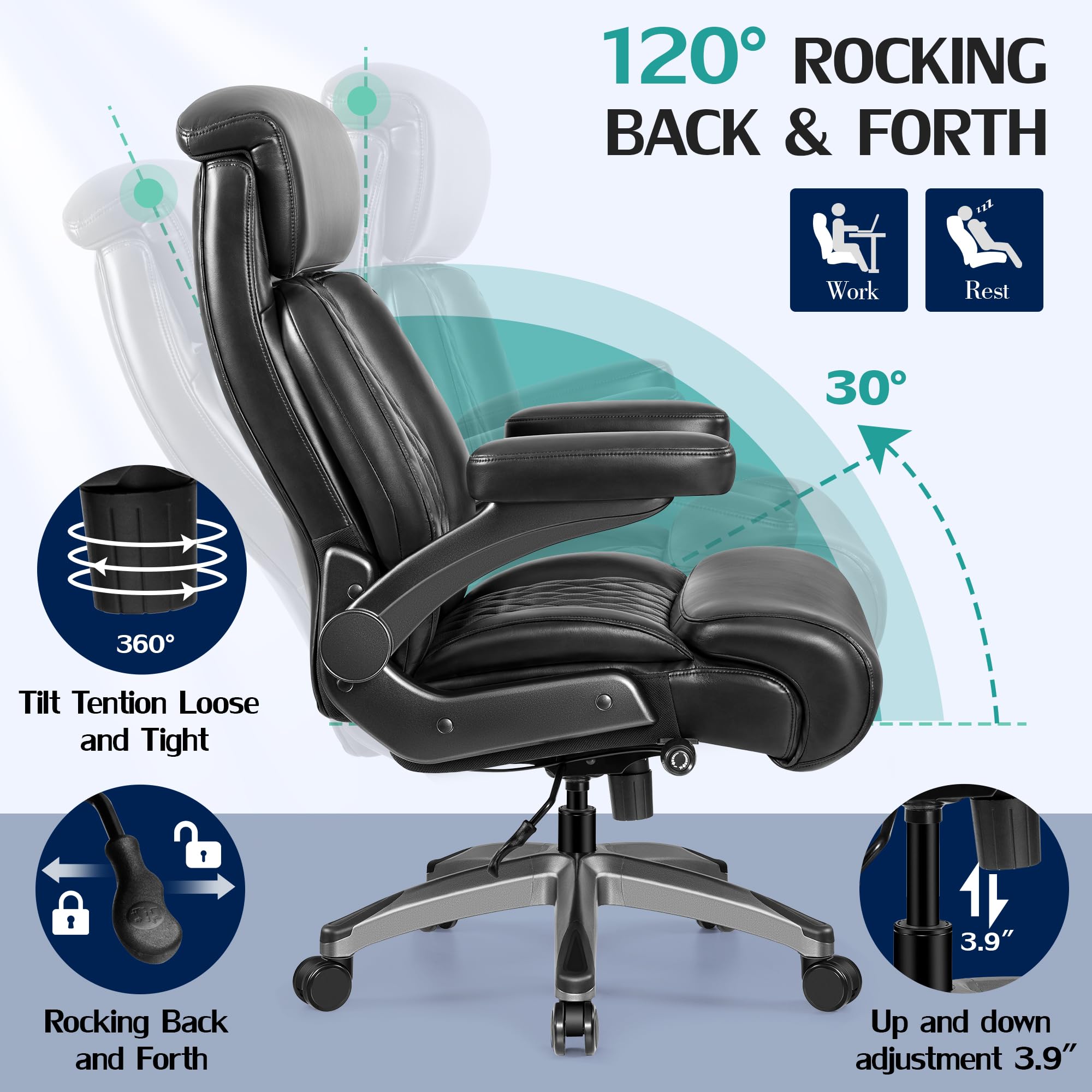 Premium 500lbs Executive Office Chair - Heavy Duty Big & Tall Desk Chair for Large People - Adjustable Lumbar Support & Armrests - Thick PU Leather Gaming Chair - Ideal for Home Office & Professional Workspaces