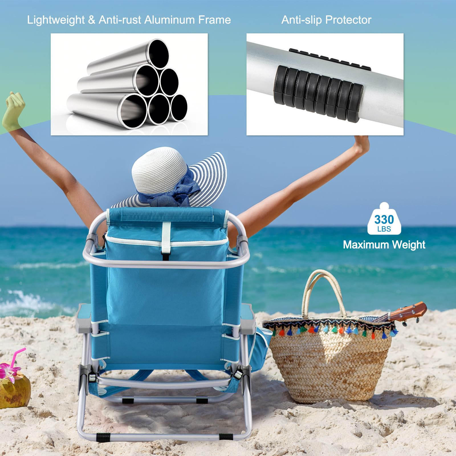 Goplus 2 Pack Heavy Duty Folding Beach Chairs for Adults - 330lbs Capacity, 5-Position Adjustable Backpack Chairs with Storage Pockets, Towel Bar & Headrest - Portable Aluminum Frame Lay Flat Camping Chairs for Beach, Poolside, Backyard, Picnic & Outdoor Relaxation