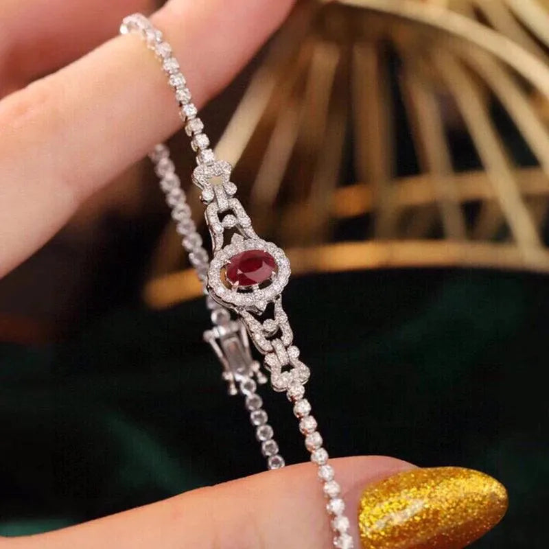 18K Solid White Gold Diamond & Natural Ruby Tennis Bracelet for Women | Elegant Fairy Design | Perfect Gift for Anniversaries, Weddings & High-Class Banquets