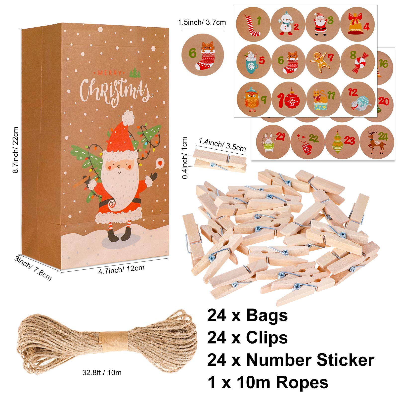 Konsait 24 Days Advent Calendar Christmas Decorations - DIY Countdown Calendar with Gift Bags, Numbers Stickers, Clips & Rope for Holiday Party Favors | Perfect for Christmas Countdown, Home Decor & Gift Giving