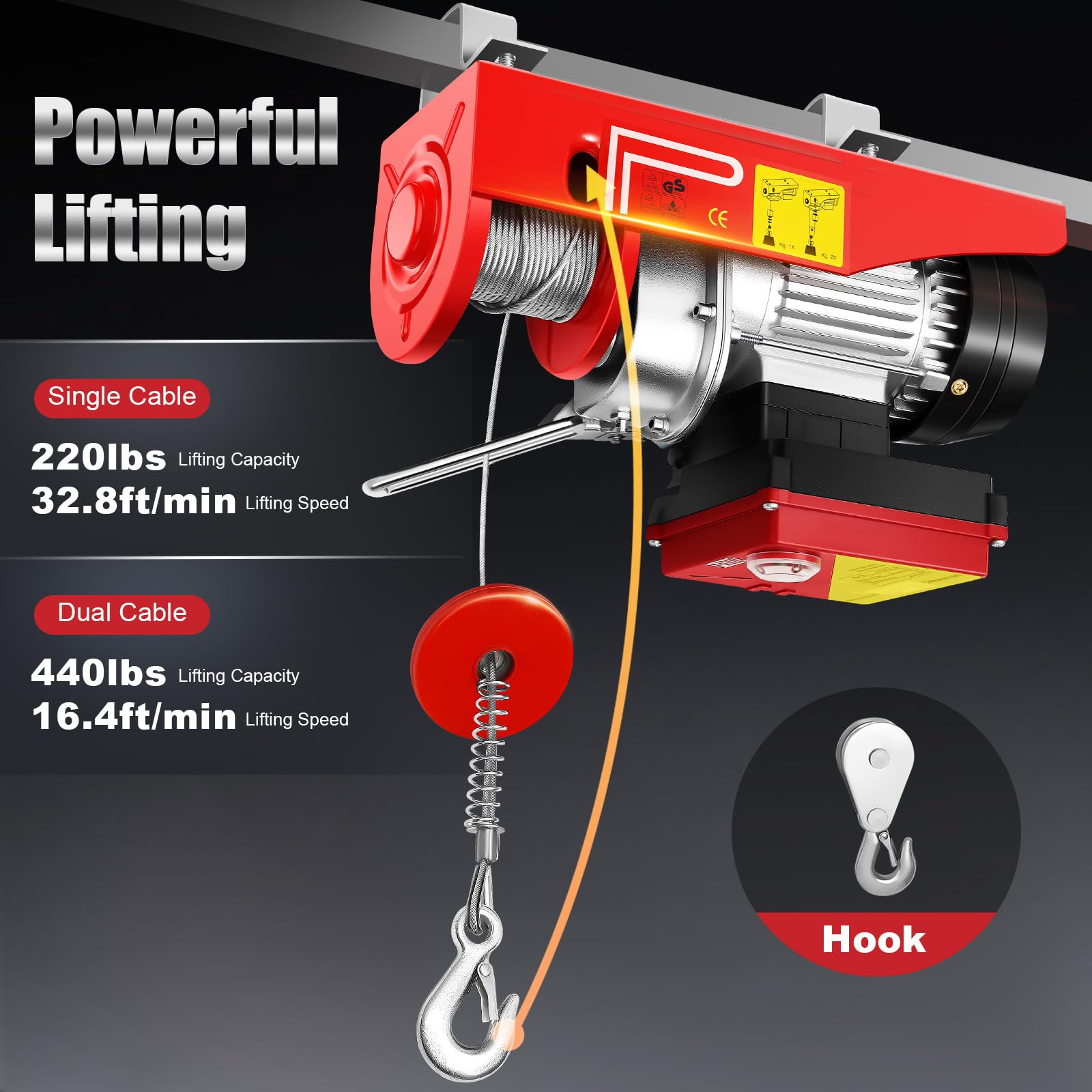 2 in 1 Electric Hoist - 440 LBS Lifting Capacity, 1450W 110V Electric Winch with Wireless Remote Control & Double Slings - Heavy Duty Steel Electric Lift for Warehouse, Construction, and Home Use
