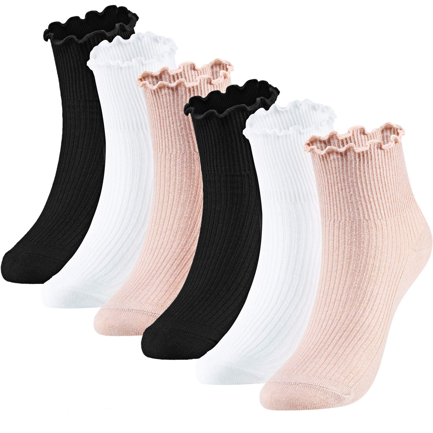 SATINIOR Women's Ankle Socks - 6 Pack Knit Lace Ruffle Casual Socks (Black, Beige, White) - Comfortable & Stylish for Everyday Wear, Work, and Outfits