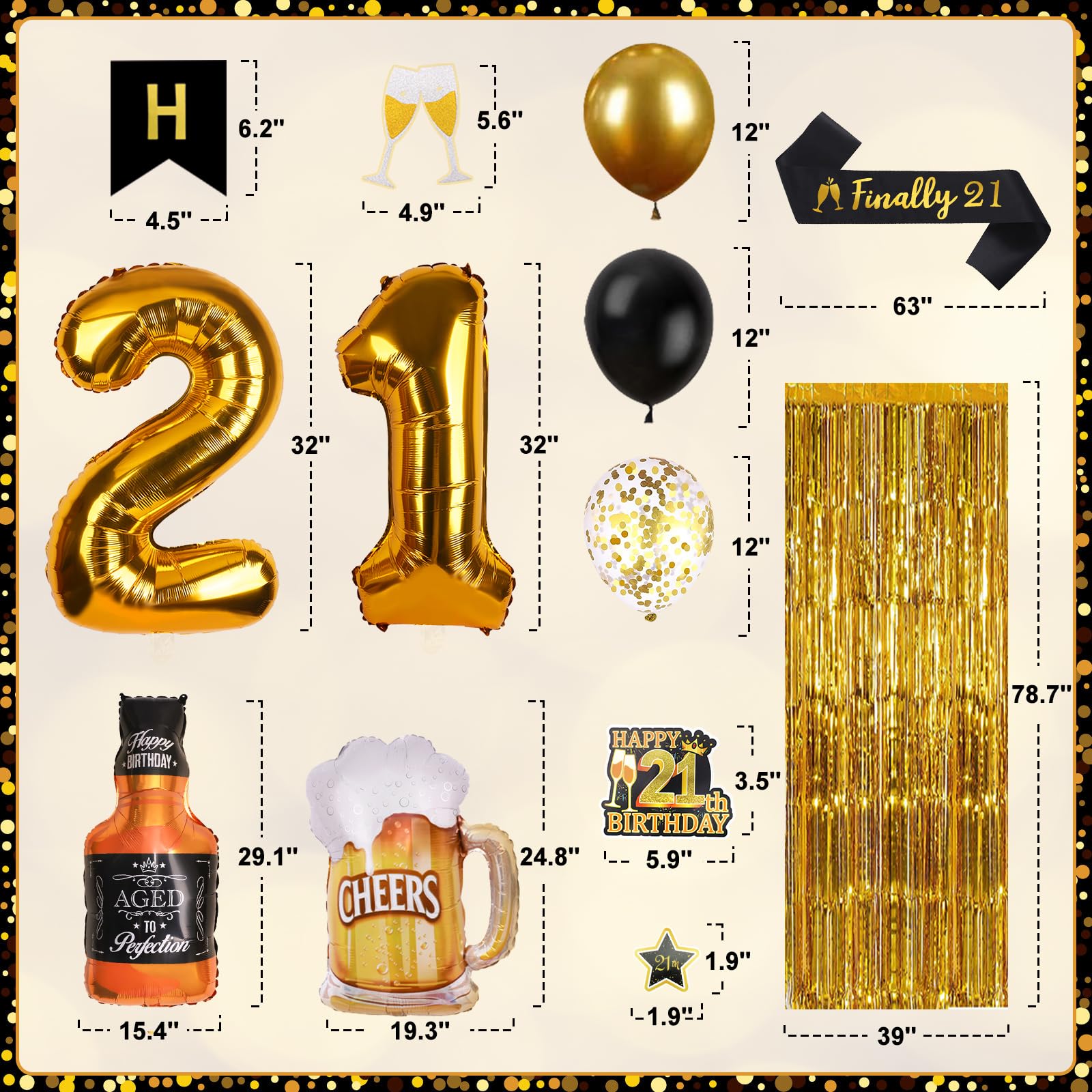 21st Birthday Decorations for Men - Black & Gold Party Supplies Kit with Banner, Fringe Curtain, Confetti & Balloons | Perfect for 21st Birthday Parties, Milestone Celebrations & Adult Birthday Decor
