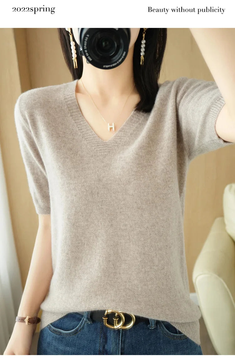 Solid Color V-Neck Half-Sleeve Cashmere Sweater for Women - Soft Thin Knit Casual Top for Office Wear & Fall Layering