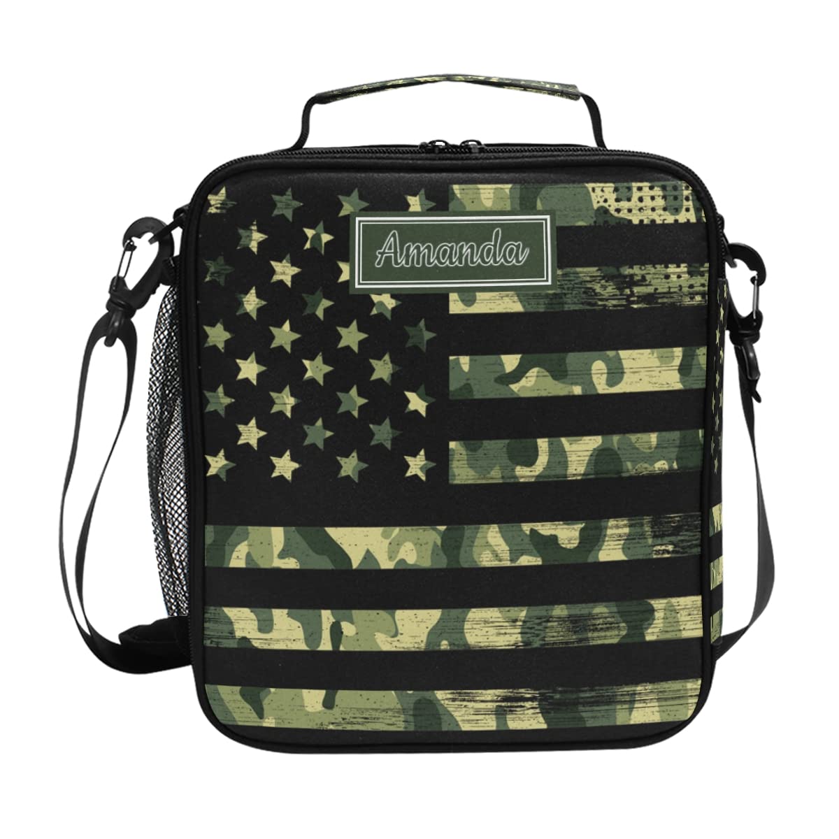 RunningBear Custom American Flag Green Camo Insulated Lunch Box - Personalized Reusable Cooler Bag with Adjustable Strap, Double Layer Organizer for Work, School, Picnic, Beach & Outdoor Activities